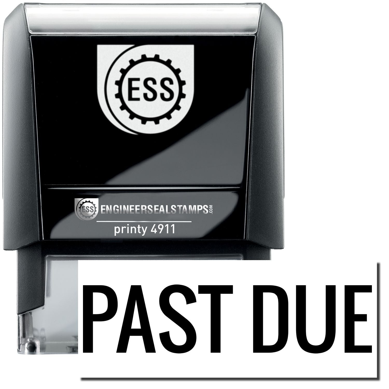 Self Inking Narrow Bold Past Due Stamp with a black casing and clear base, displaying PAST DUE in bold letters.