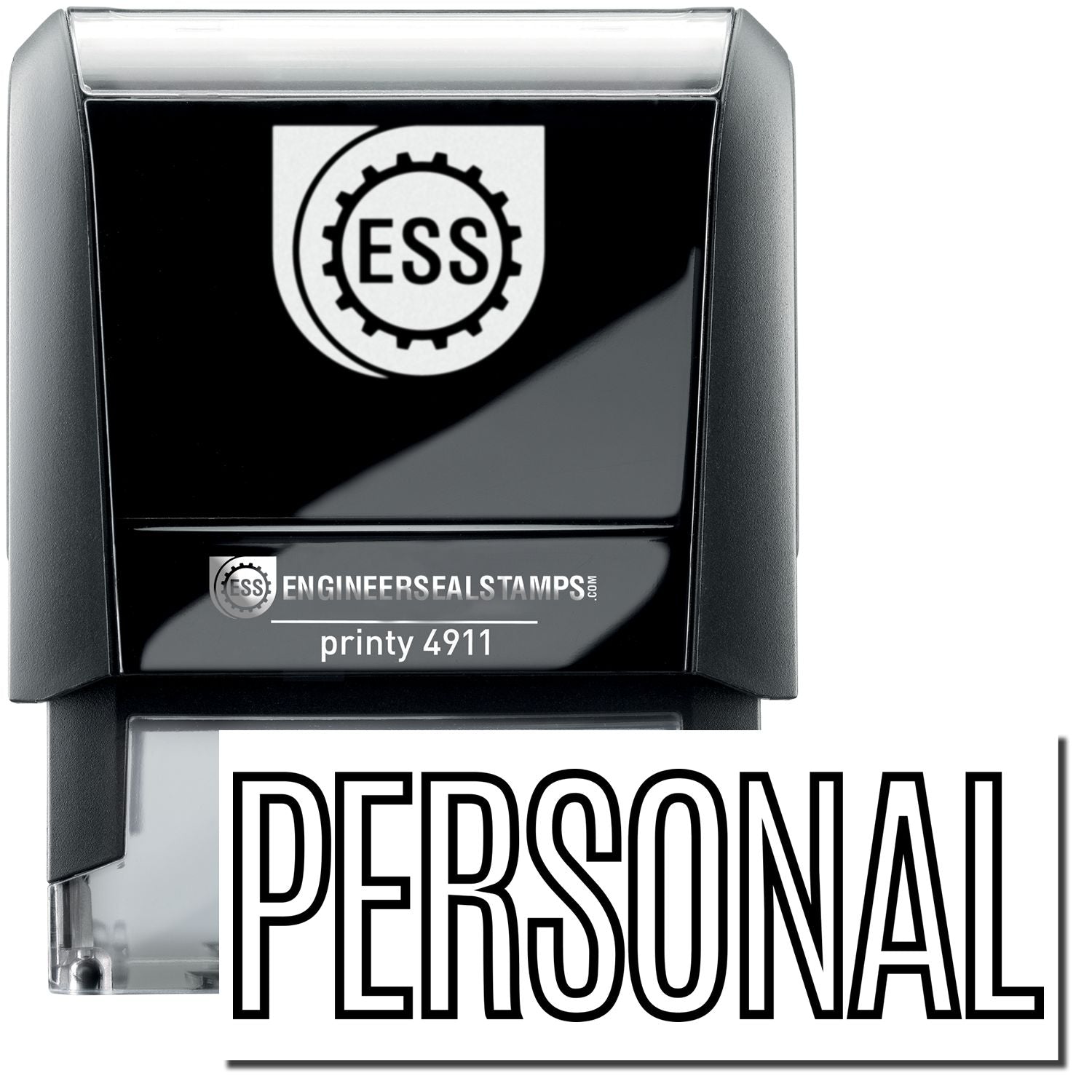 Self Inking Outline Personal Stamp by ESS, featuring a sleek black design with the ESS logo and the word PERSONAL prominently displayed.