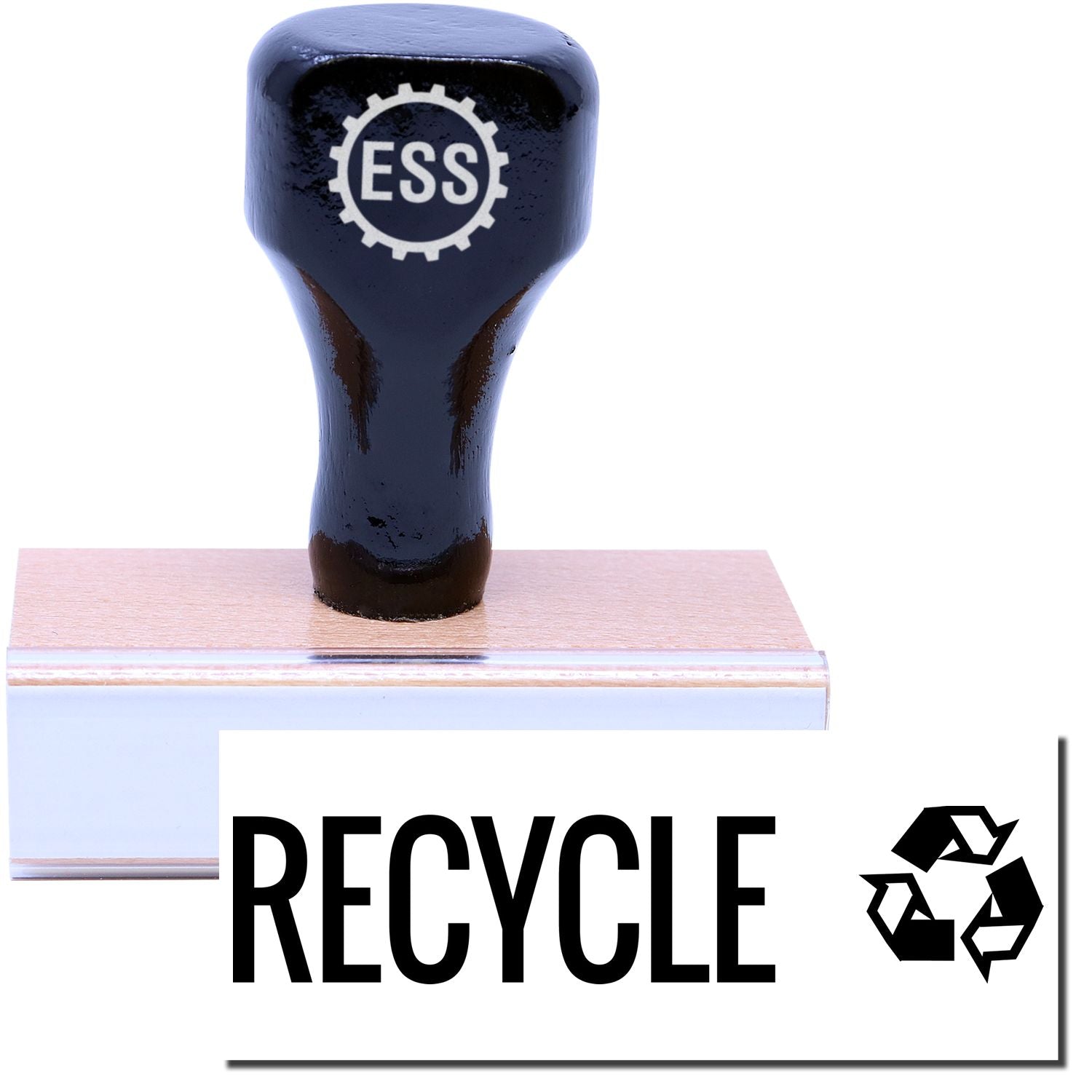 A stock office rubber stamp with a stamped image showing how the text RECYCLE with the recycling icon on the right side is displayed after stamping.