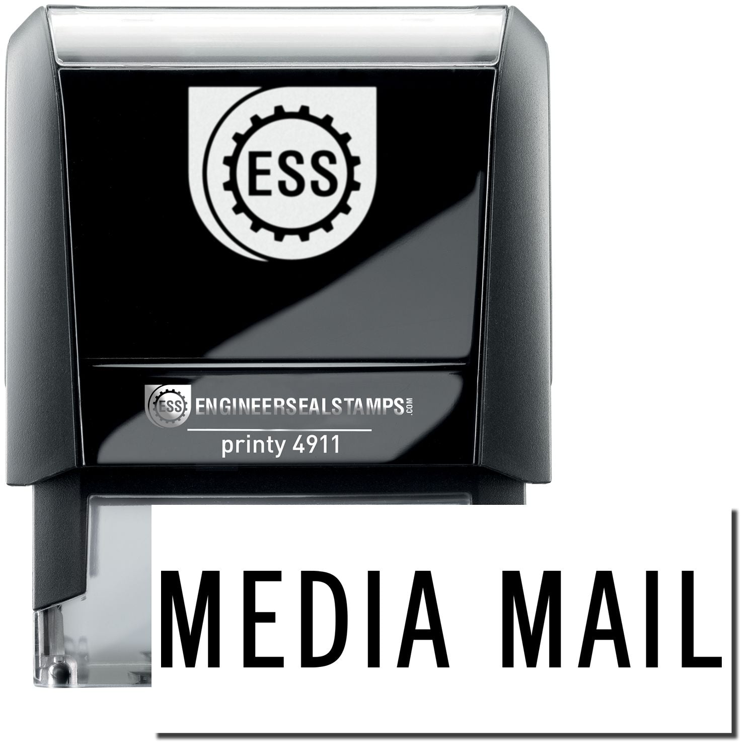 A self-inking stamp with a stamped image showing how the text "MEDIA MAIL" is displayed after stamping.