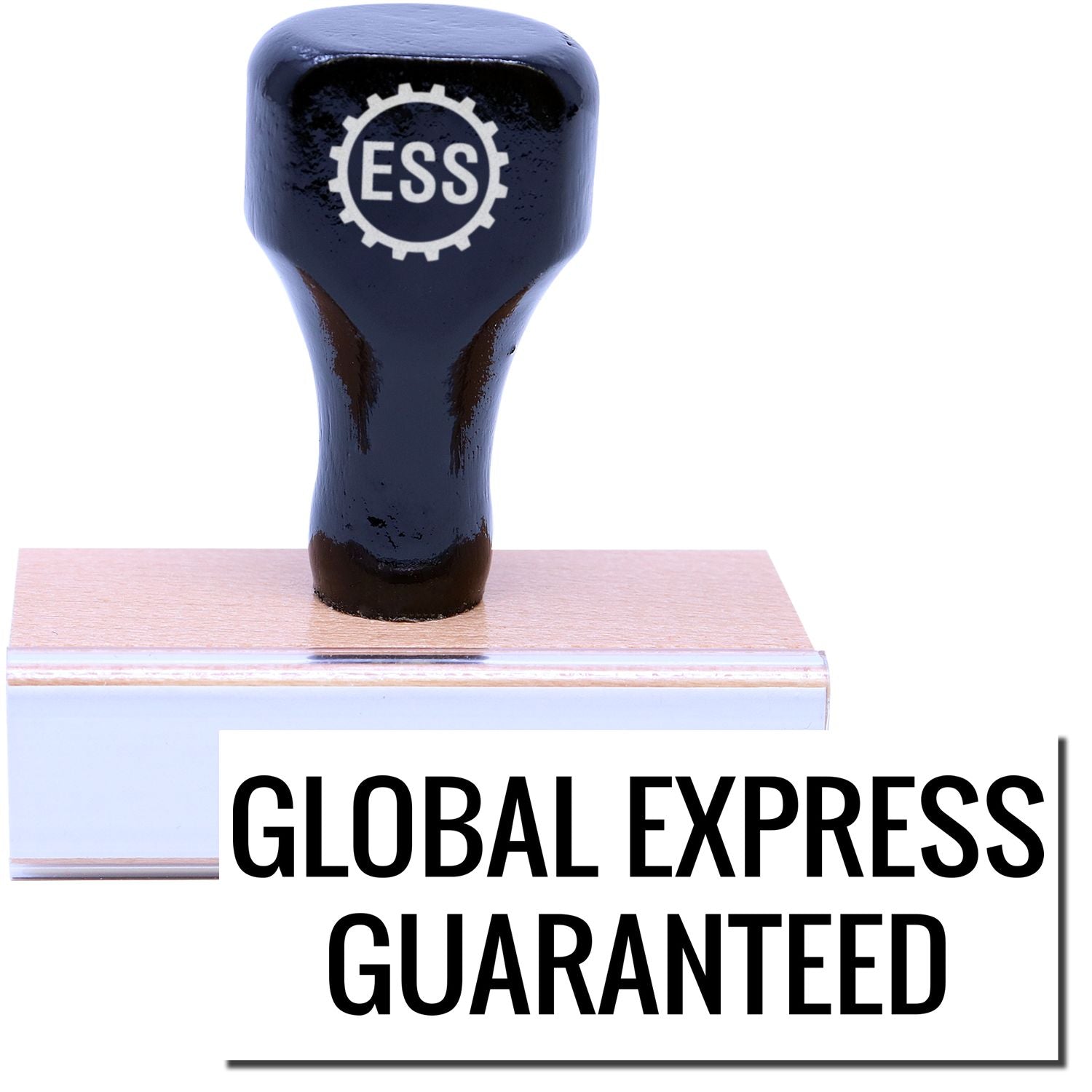 A stock office rubber stamp with a stamped image showing how the text GLOBAL EXPRESS GUARANTEED is displayed after stamping.