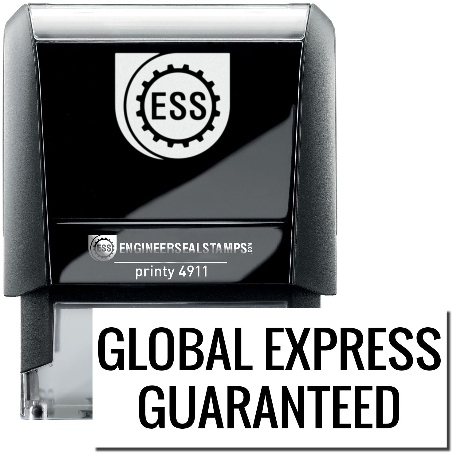 A self-inking stamp with a stamped image showing how the text GLOBAL EXPRESS GUARANTEED is displayed after stamping.