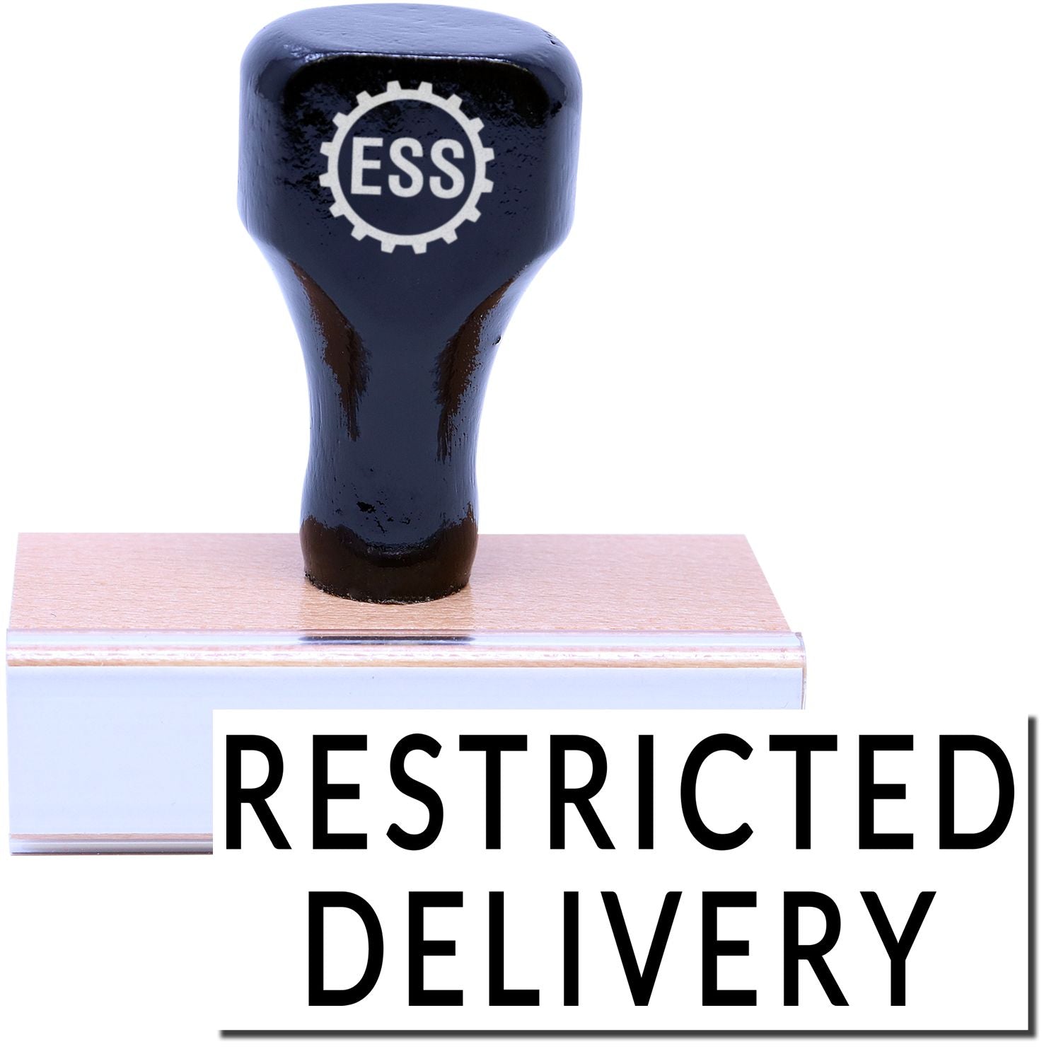 A stock office rubber stamp with a stamped image showing how the text RESTRICTED DELIVERY is displayed after stamping.