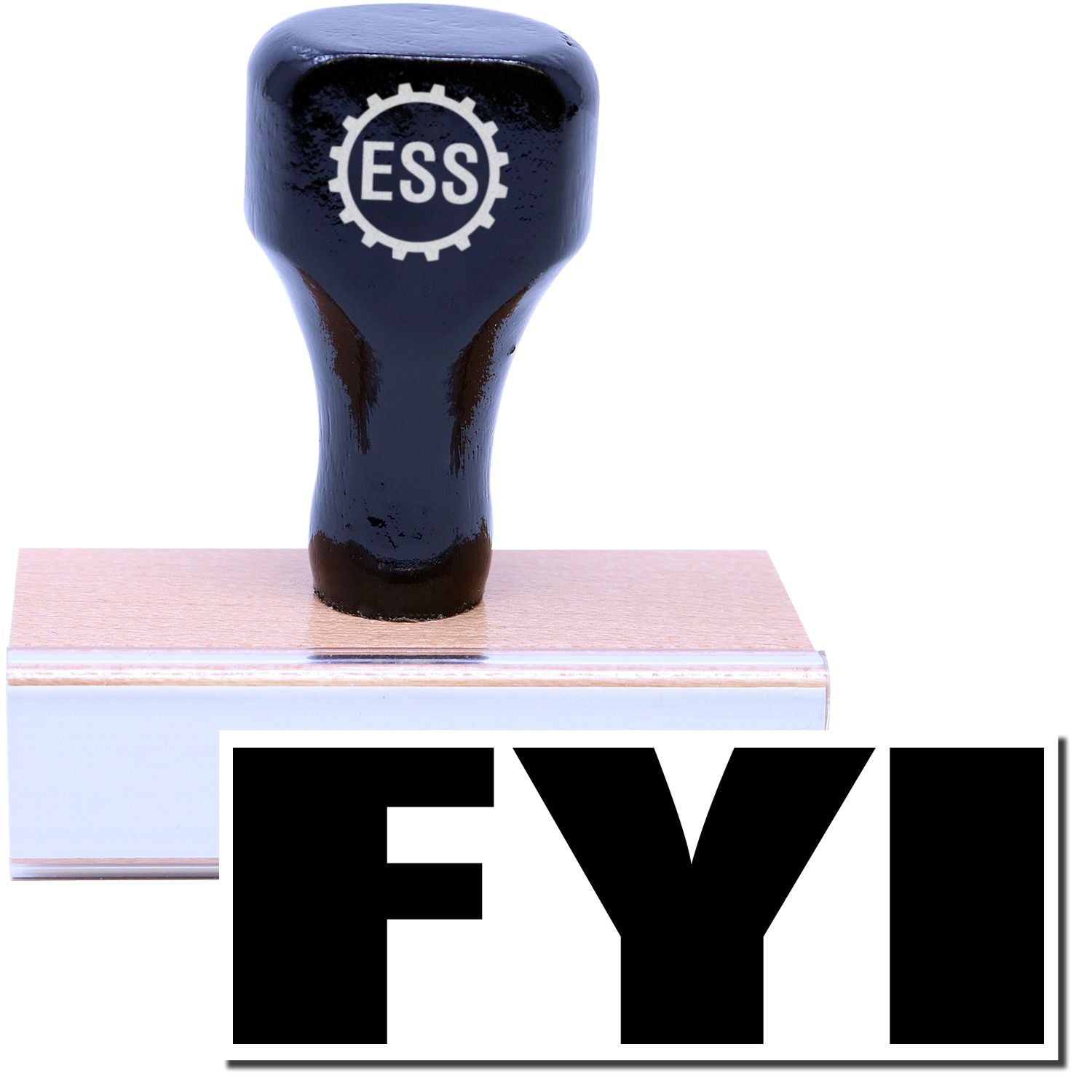 A stock office rubber stamp with a stamped image showing how the text FYI in bold font is displayed after stamping.