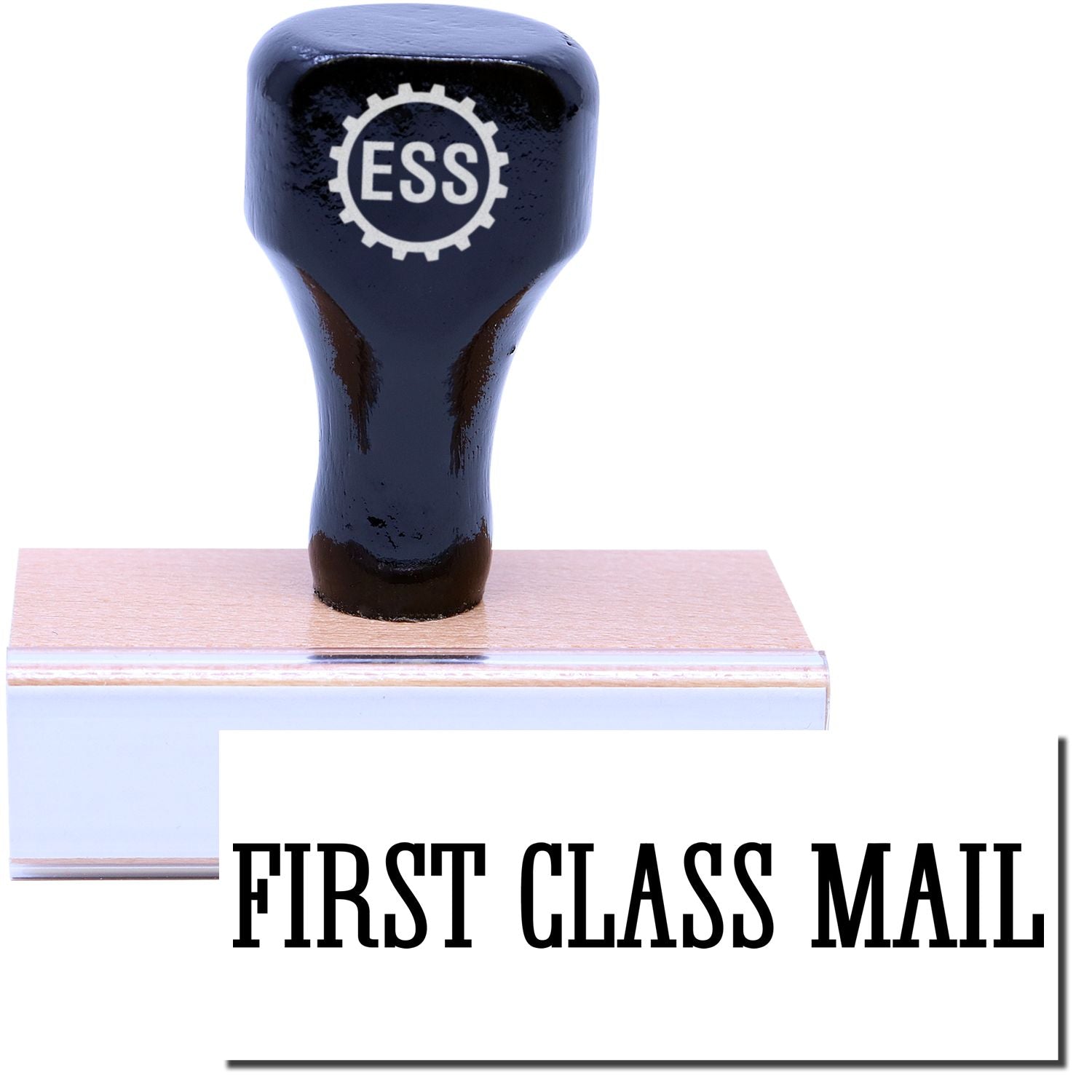 A stock office rubber stamp with a stamped image showing how the text FIRST CLASS MAIL in a Times font is displayed after stamping.