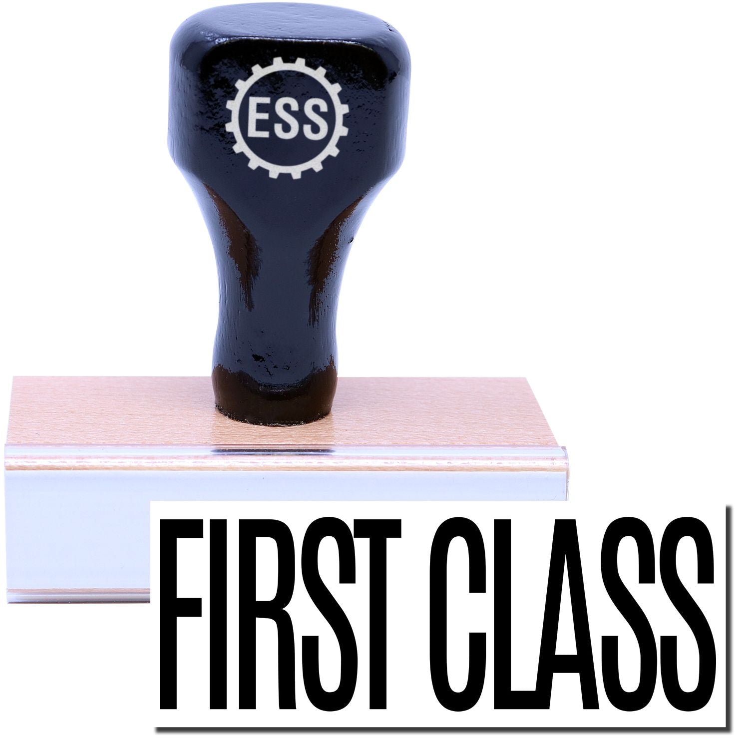 A stock office rubber stamp with a stamped image showing how the text FIRST CLASS is displayed after stamping.