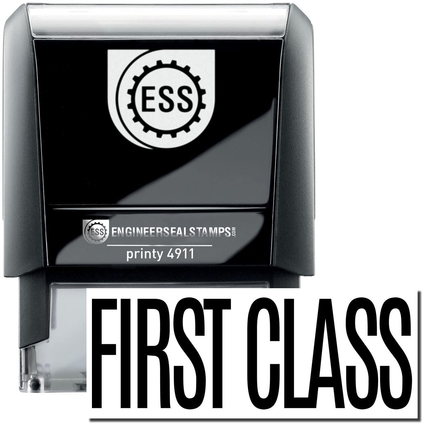 A self-inking stamp with a stamped image showing how the text FIRST CLASS is displayed after stamping.