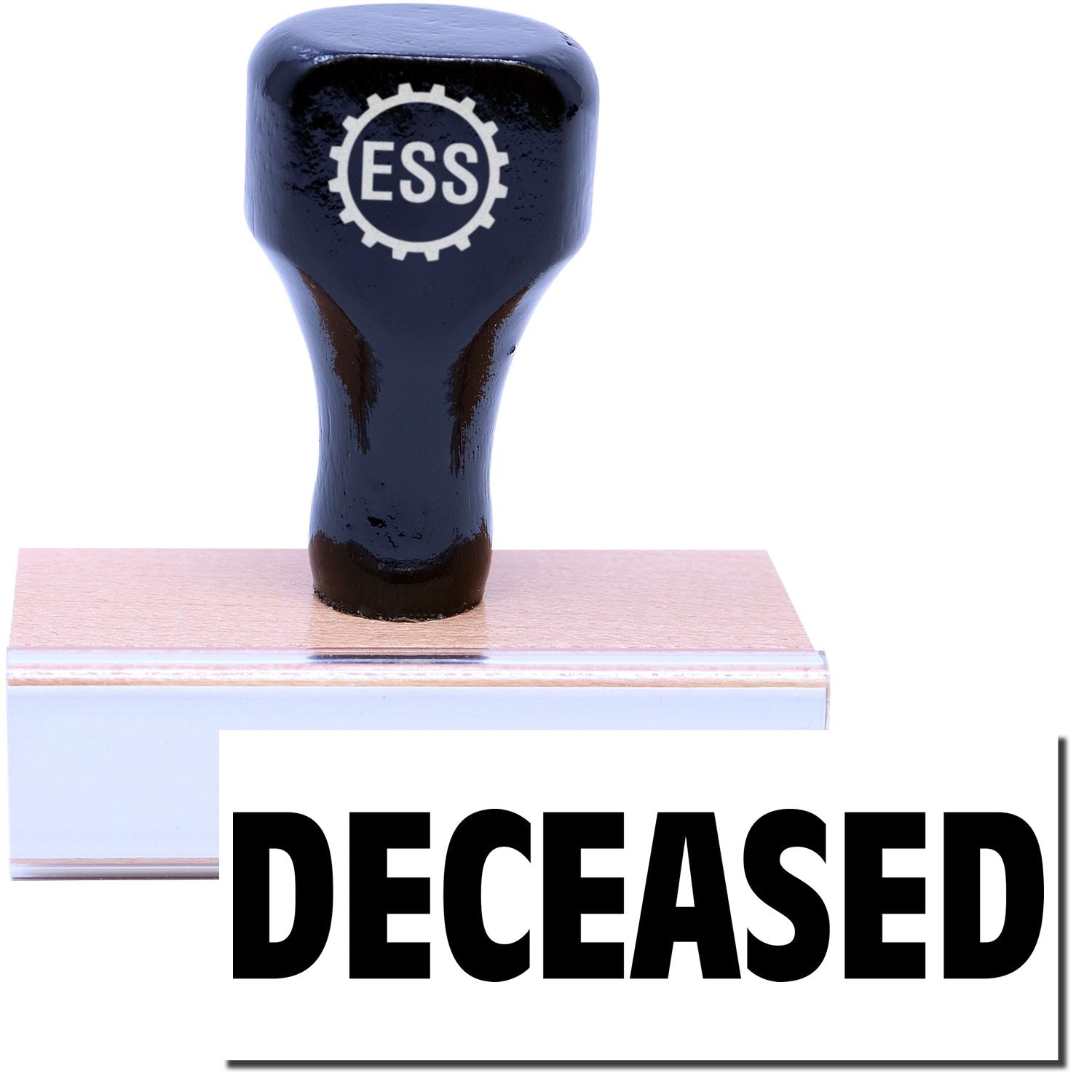 A stock office rubber stamp with a stamped image showing how the text DECEASED is displayed after stamping.