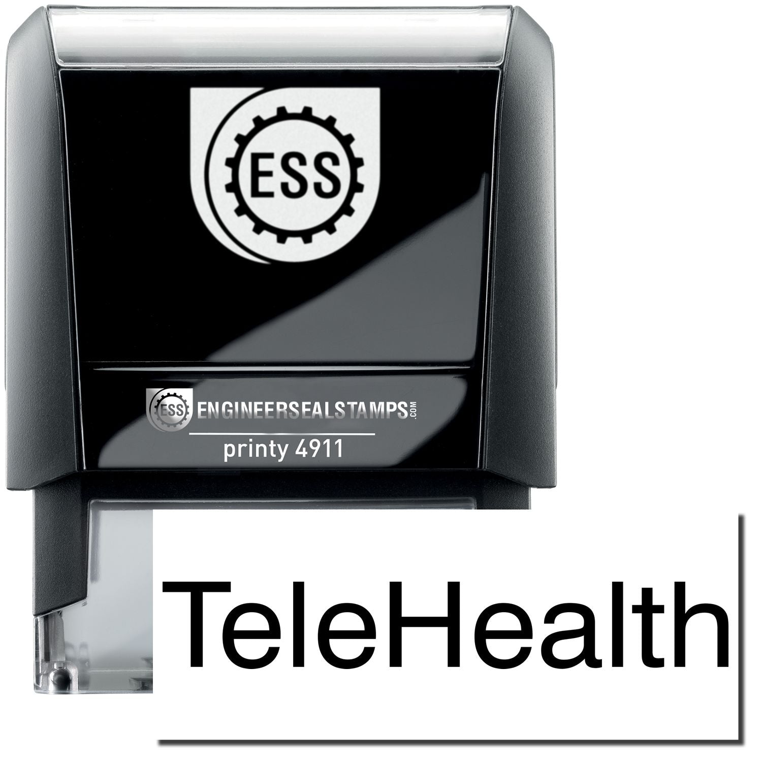 A self-inking stamp with a stamped image showing how the text TeleHealth is displayed after stamping.