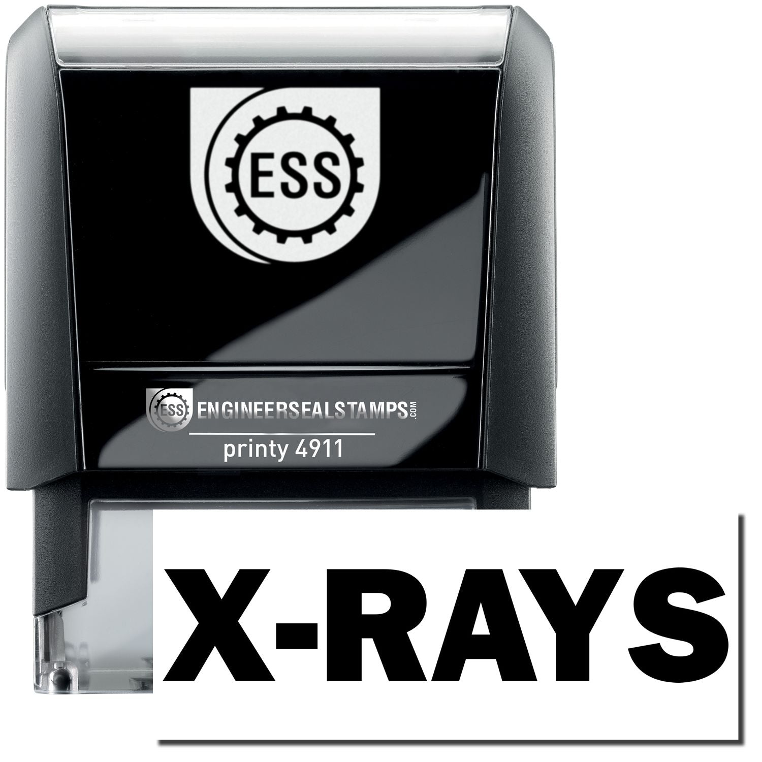 A self-inking stamp with a stamped image showing how the text X-RAYS is displayed after stamping.