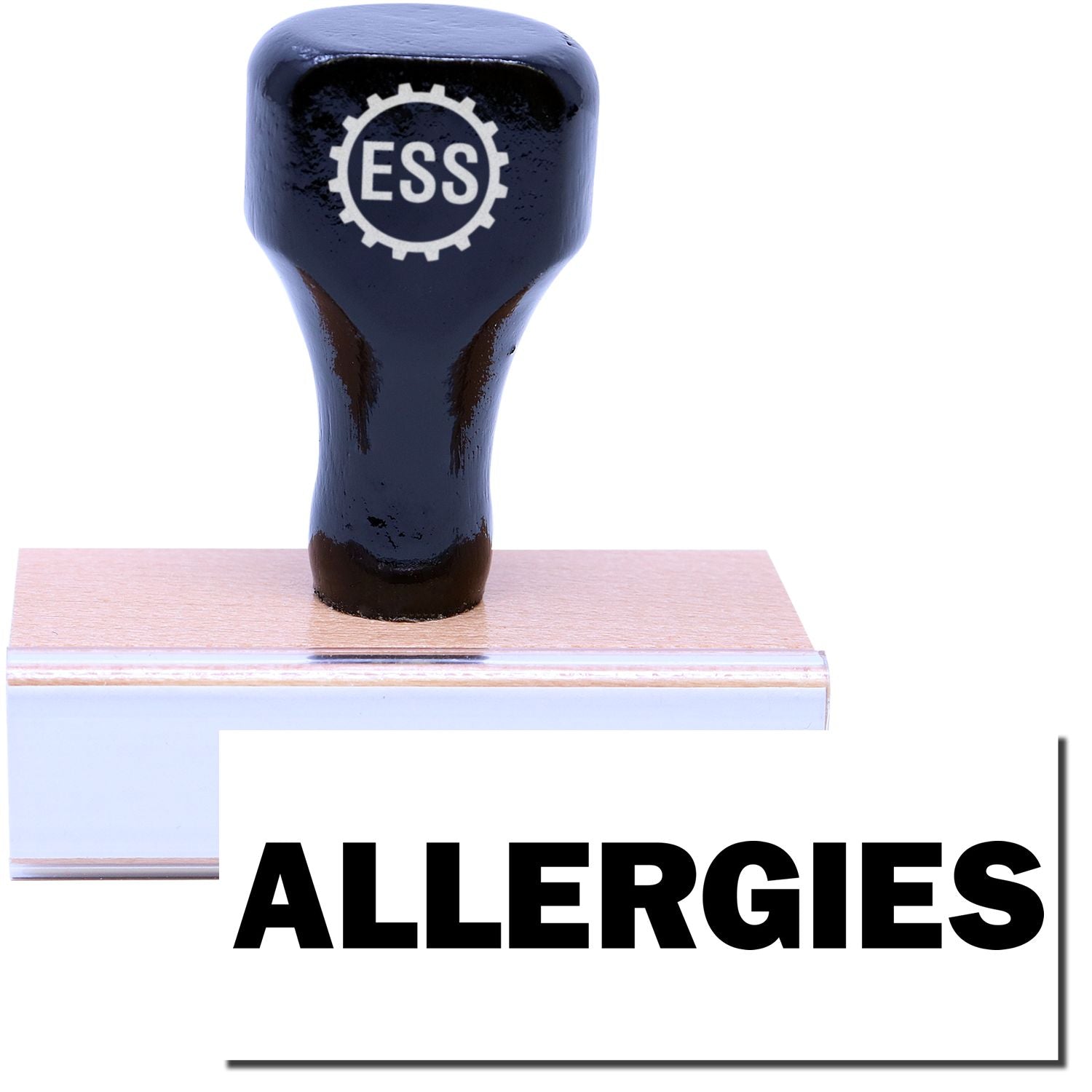 A stock office rubber stamp with a stamped image showing how the text ALLERGIES is displayed after stamping.