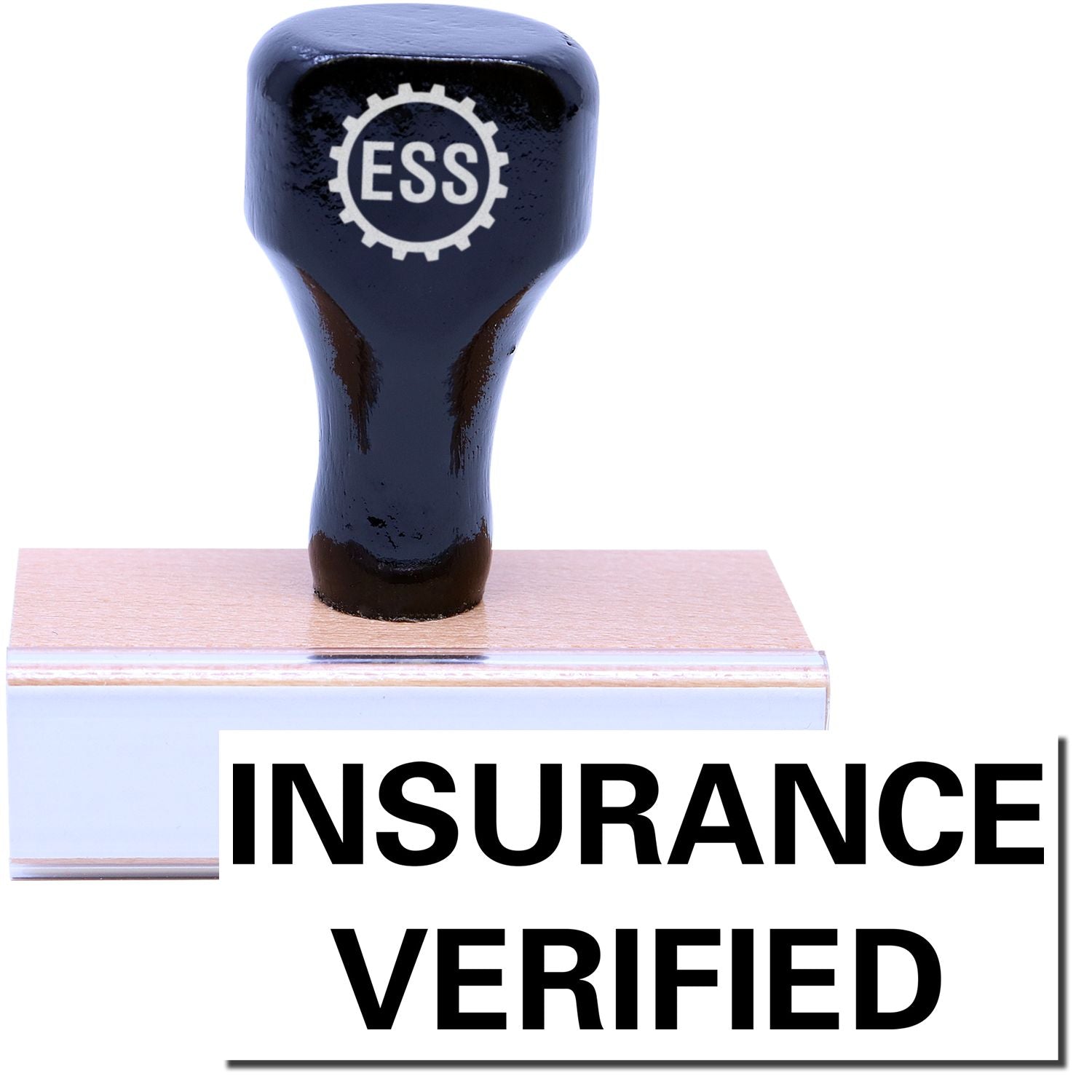 A stock office rubber stamp with a stamped image showing how the text INSURANCE VERIFIED is displayed after stamping.