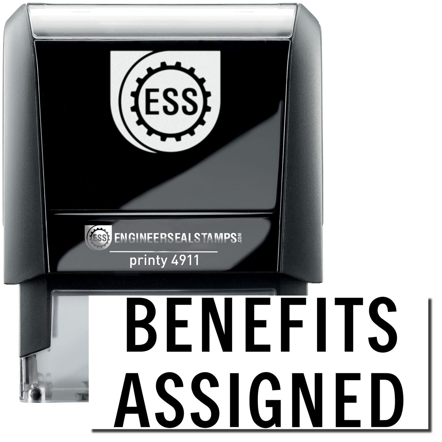 A self-inking stamp with a stamped image showing how the text BENEFITS ASSIGNED is displayed after stamping.