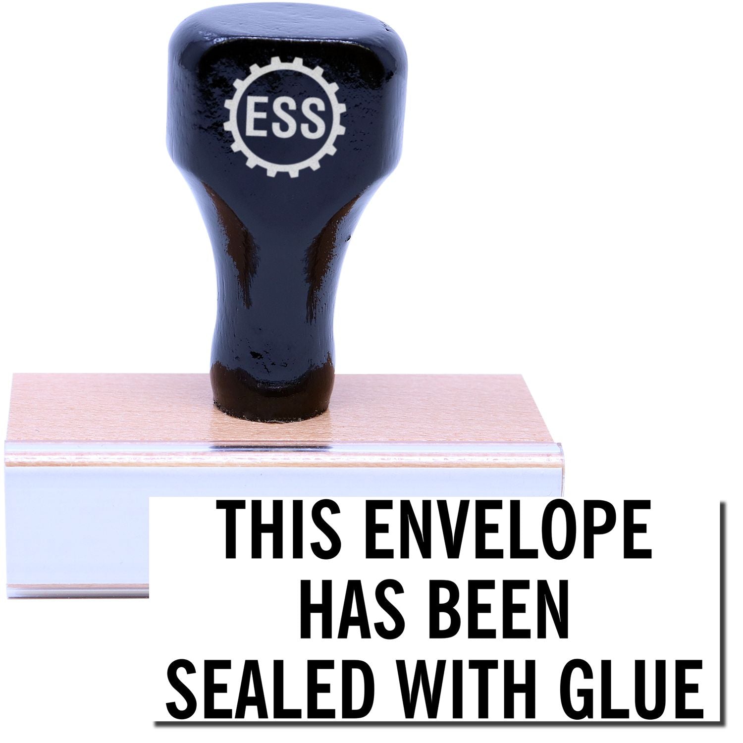 A stock office rubber stamp with a stamped image showing how the text THIS ENVELOPE HAS BEEN SEALED WITH GLUE is displayed after stamping.