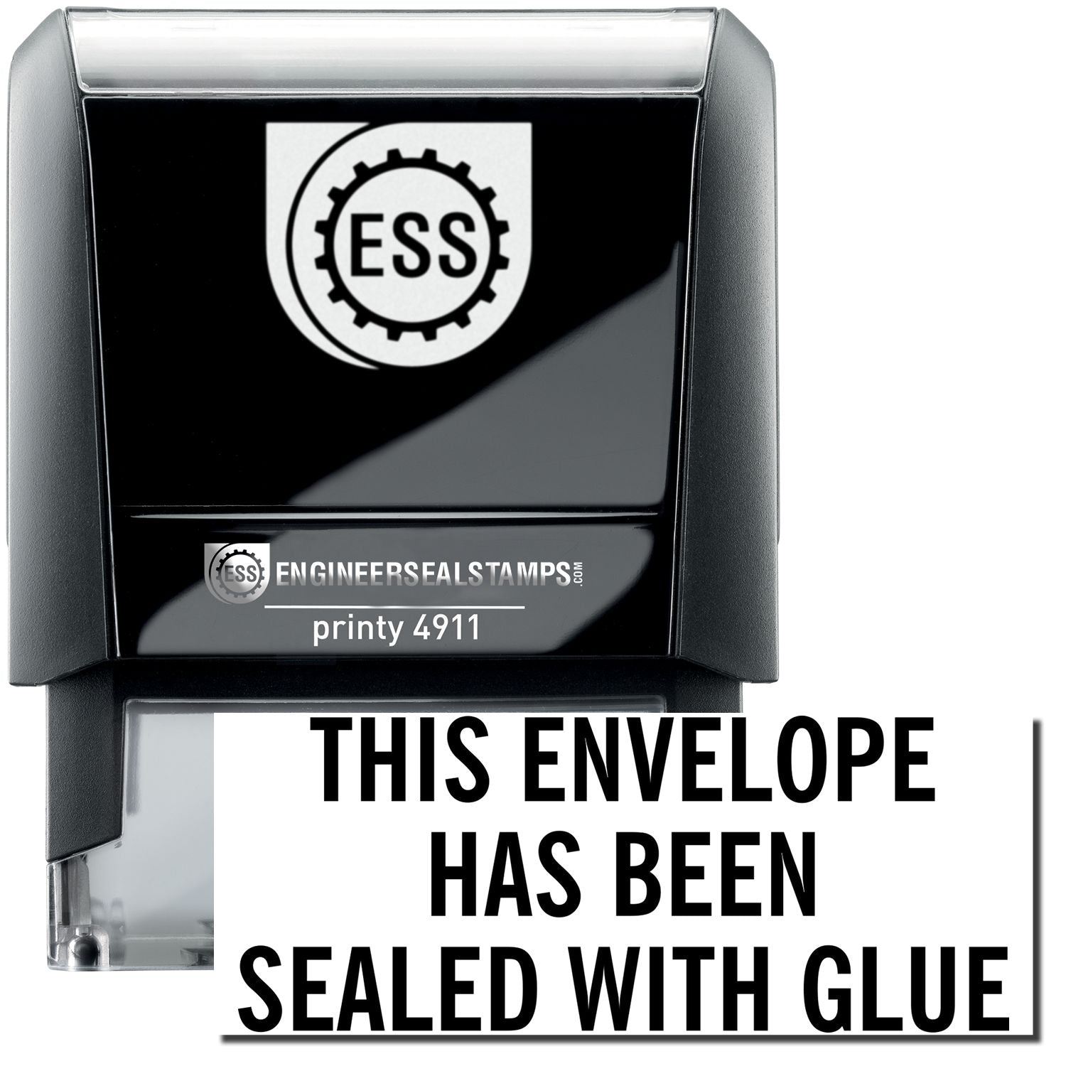 A self-inking stamp with a stamped image showing how the text THIS ENVELOPE HAS BEEN SEALED WITH GLUE is displayed after stamping.