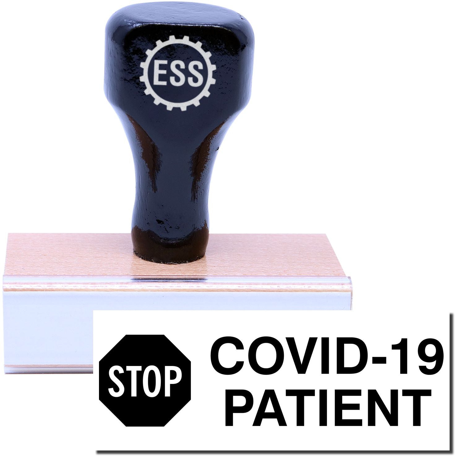 A stock office rubber stamp with a stamped image showing how the text COVID-19 PATIENT with a STOP signboard is displayed after stamping.