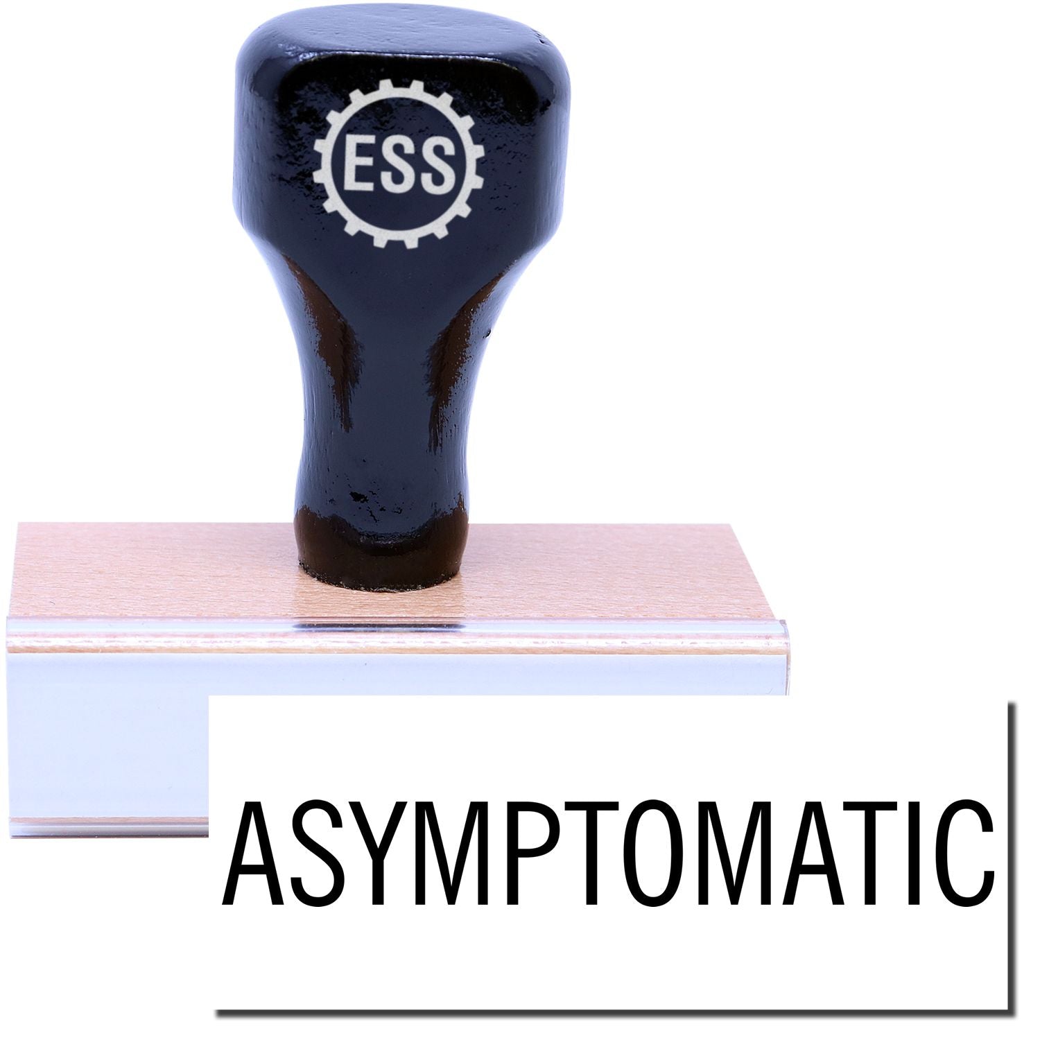 Wooden handle rubber stamp with "ESS" logo on top and "Asymptomatic" text on the stamp surface.