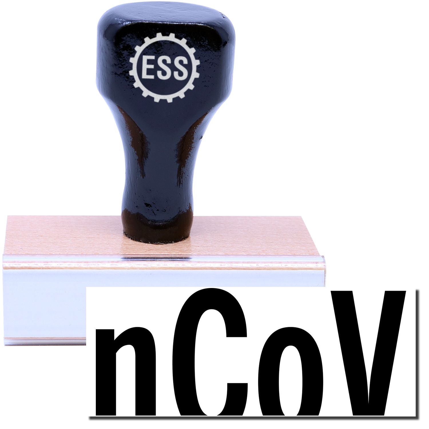 A stock office rubber stamp with a stamped image showing how the text nCoV is displayed after stamping.