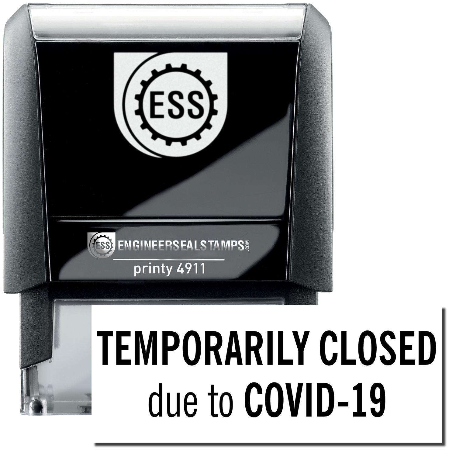 A self-inking stamp with a stamped image showing how the text TEMPORARILY CLOSED due to COVID-19 is displayed after stamping.