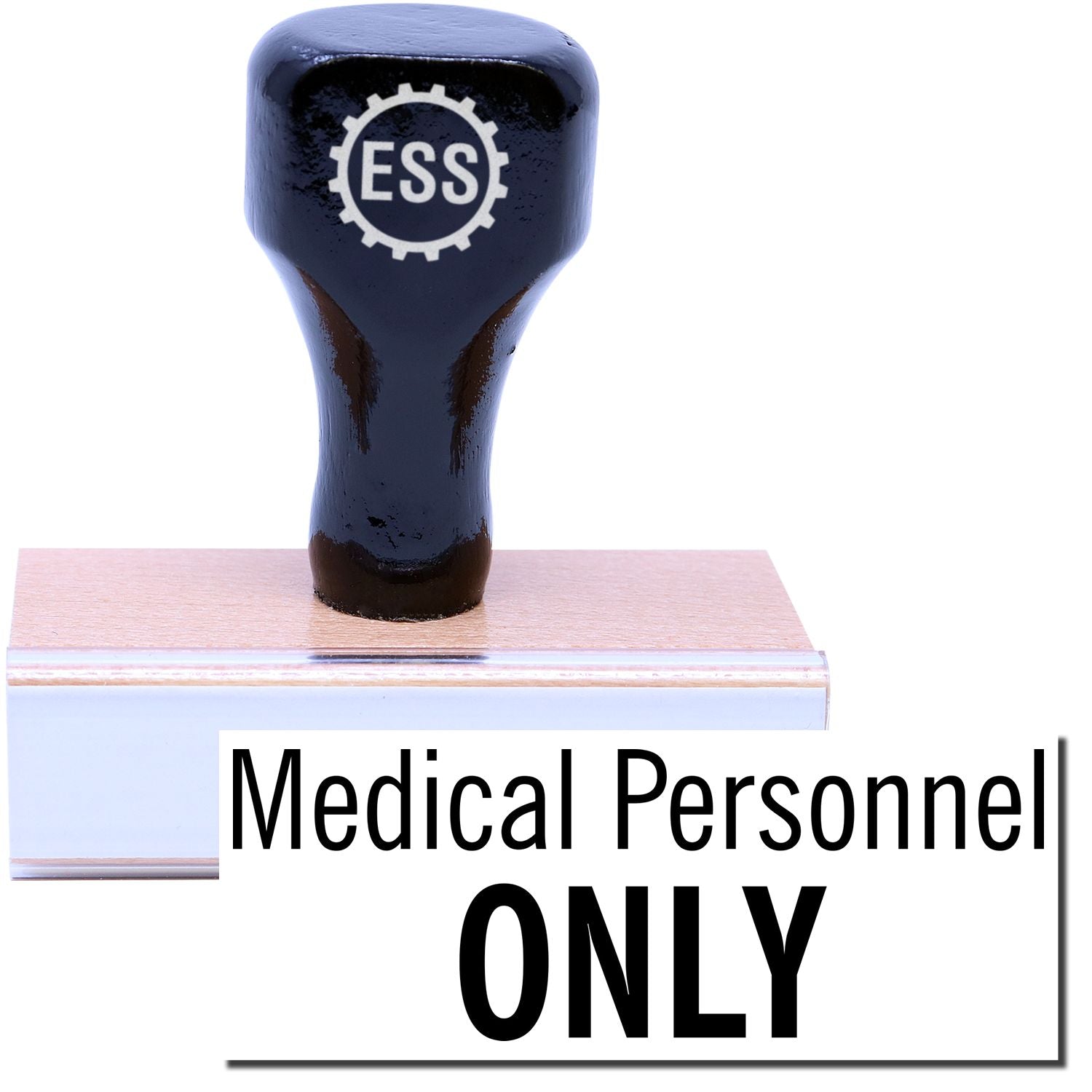 A stock office medical rubber stamp with a stamped image showing how the text Medical Personnel ONLY is displayed after stamping.