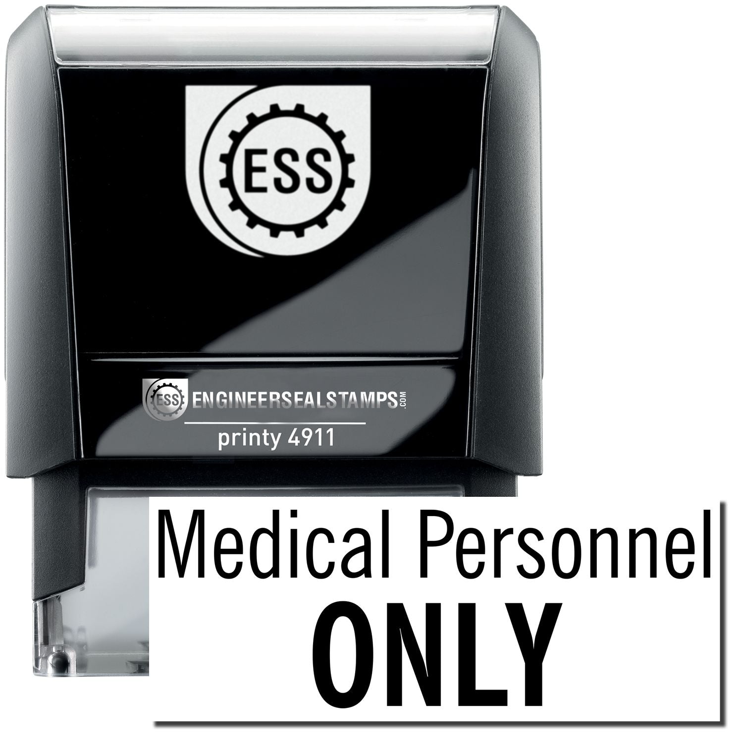 Self Inking Medical Personnel Only Stamp with black casing and clear base, featuring the ESS logo and text Medical Personnel ONLY in bold.