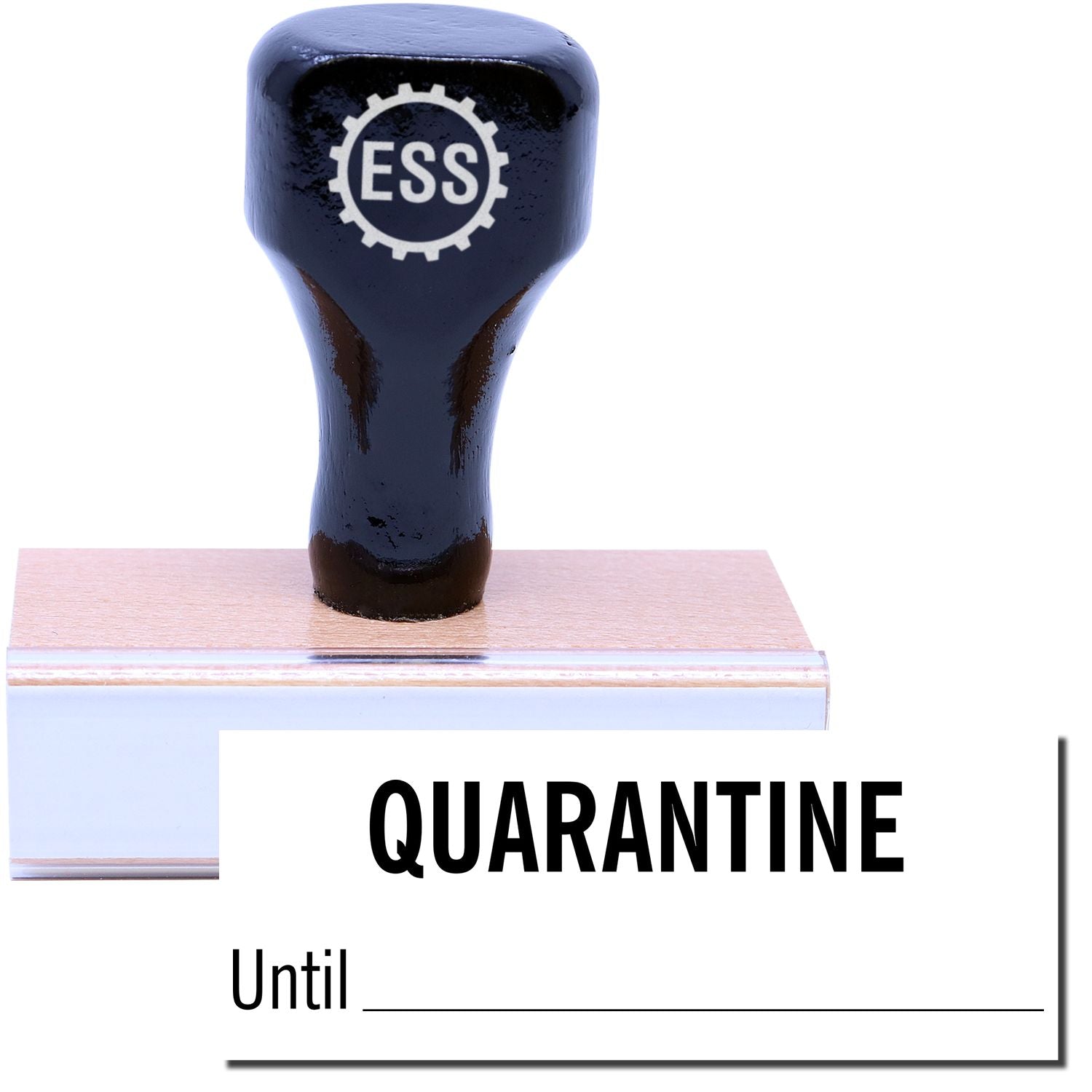 A stock office rubber stamp with a stamped image showing how the text QUARANTINE Until with a line is displayed after stamping.