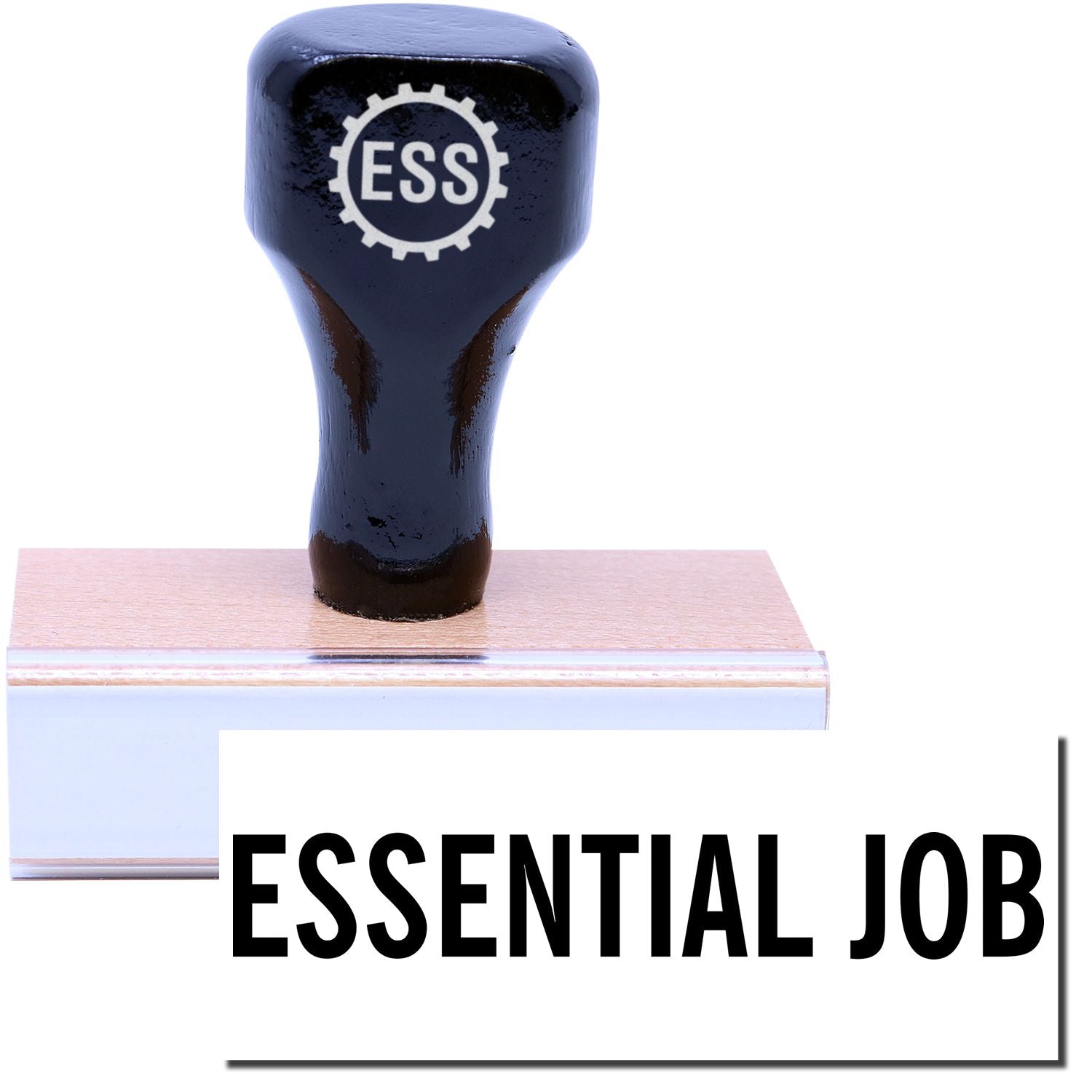 A stock office rubber stamp with a stamped image showing how the text ESSENTIAL JOB is displayed after stamping.