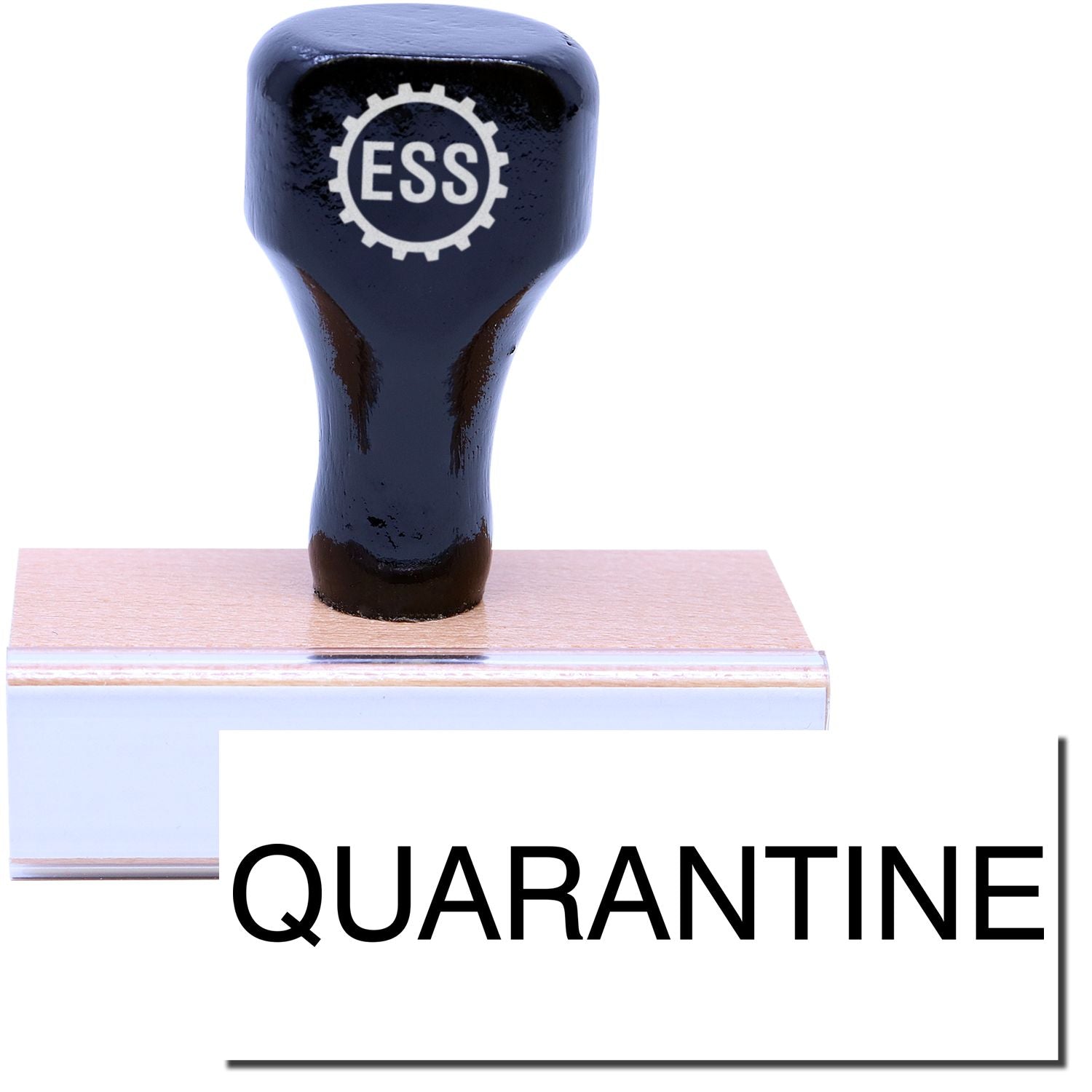 A stock office rubber stamp with a stamped image showing how the text QUARANTINE is displayed after stamping.