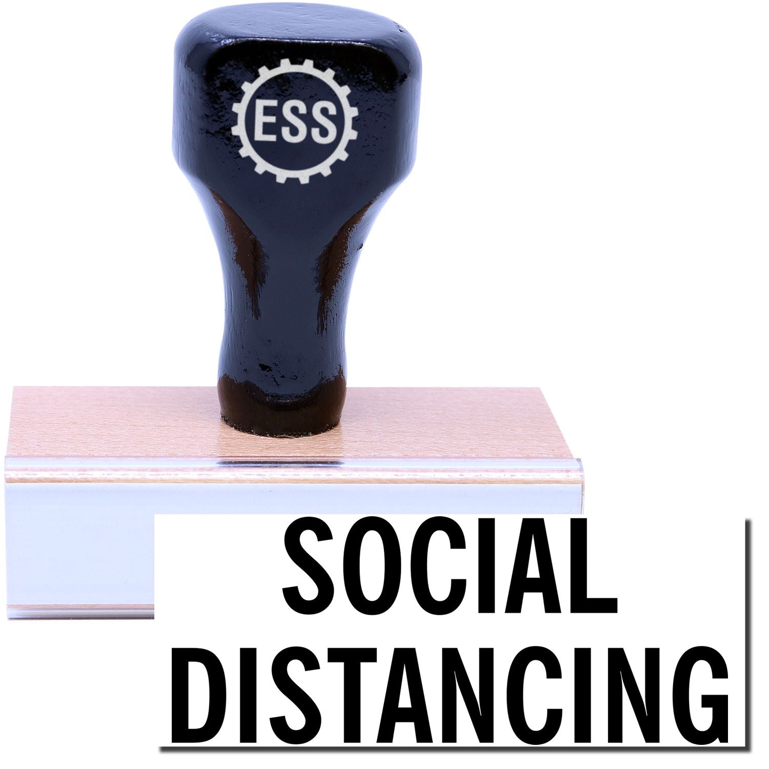 A stock office rubber stamp with a stamped image showing how the text SOCIAL DISTANCING is displayed after stamping.