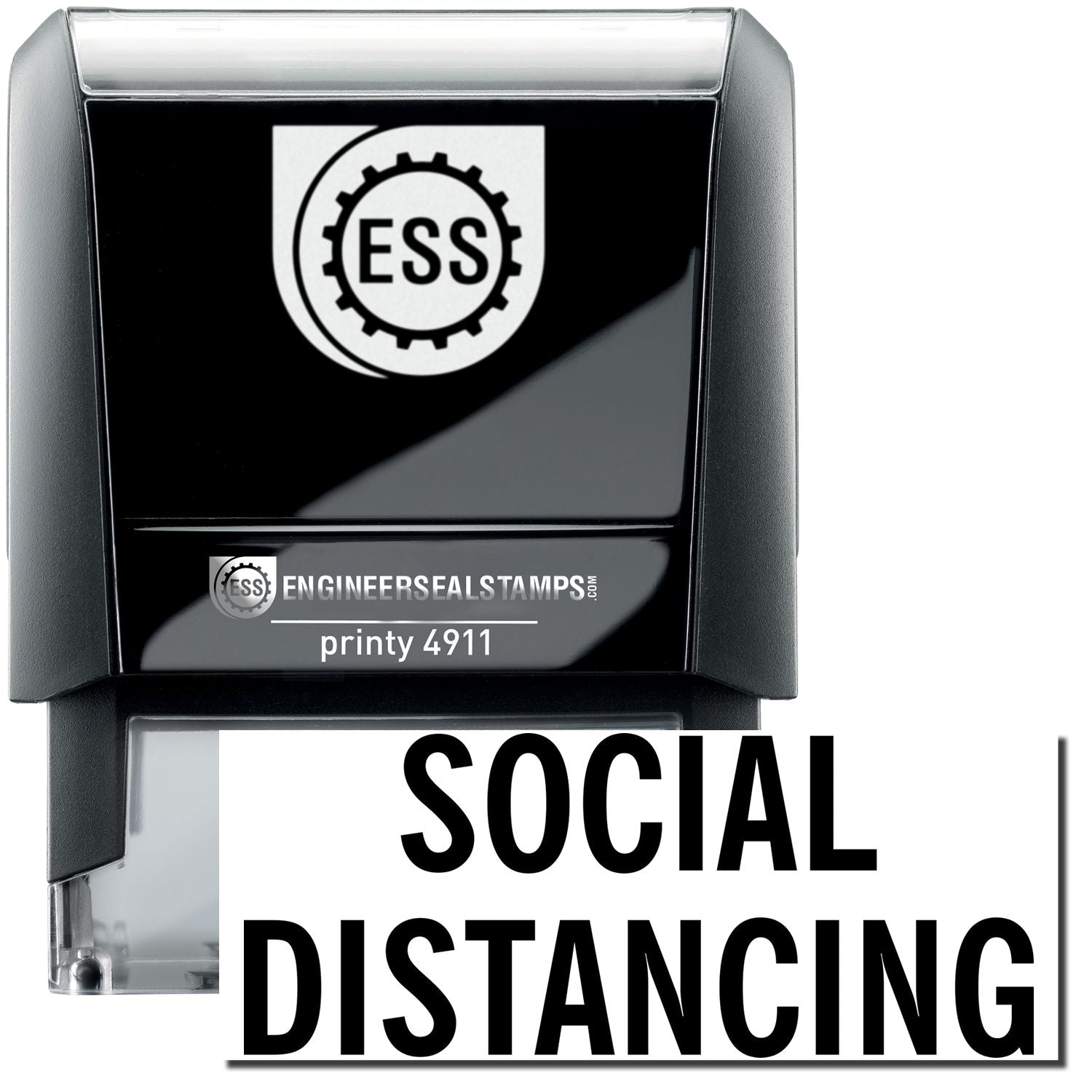 A self-inking stamp with a stamped image showing how the text SOCIAL DISTANCING is displayed after stamping.