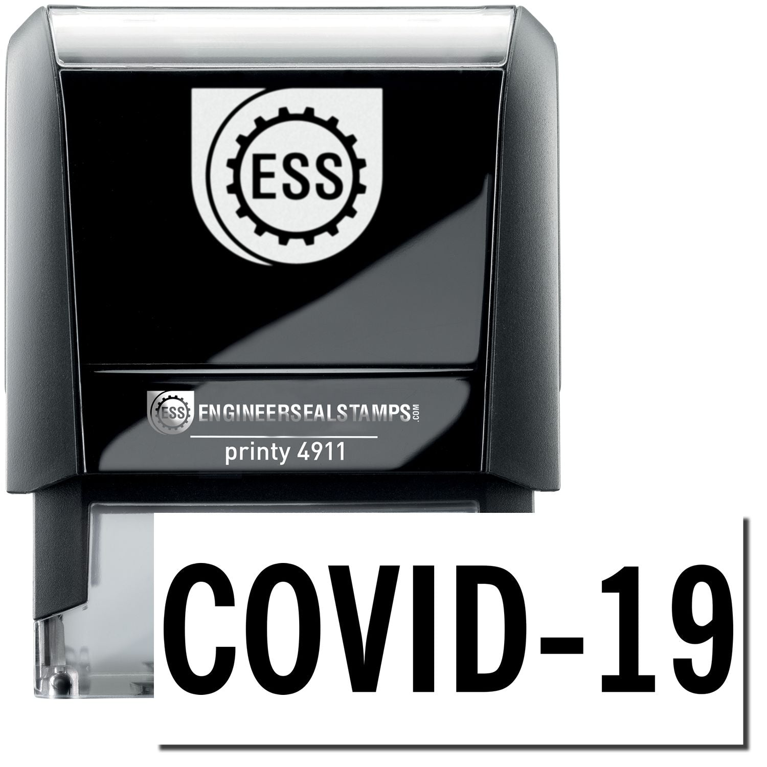 A self-inking stamp with a stamped image showing how the text COVID-19 in bold font is displayed after stamping.