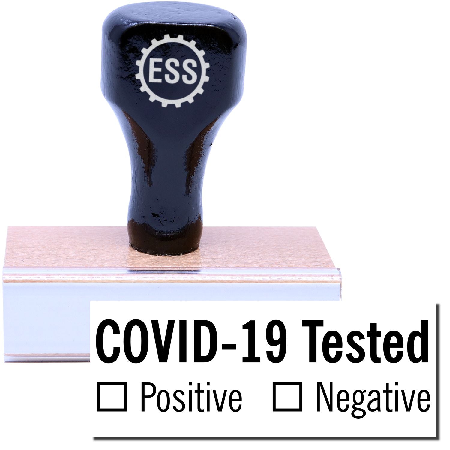 A stock office rubber stamp with a stamped image showing how the text COVID-19 Tested with a space underneath where a box can be checked based on whether a person is positive or negative for the virus is displayed after stamping.