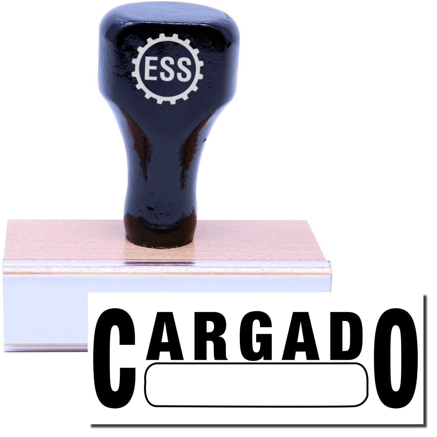 A stock office rubber stamp with a stamped image showing how the text CARGADO with a box is displayed after stamping.