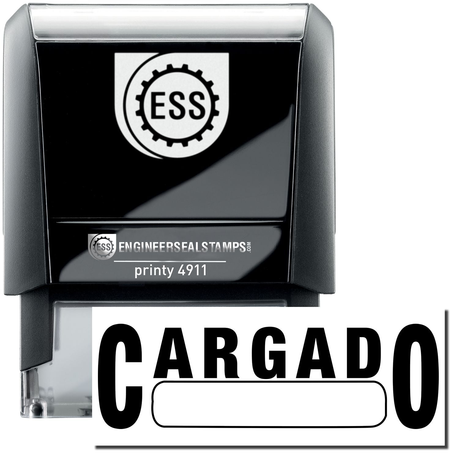 A self-inking stamp with a stamped image showing how the text CARGADO with a box below the text is displayed after stamping.