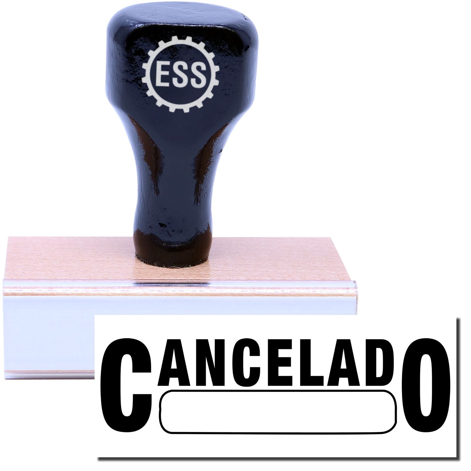 A stock office rubber stamp with a stamped image showing how the text CANCELADO with a box is displayed after stamping.