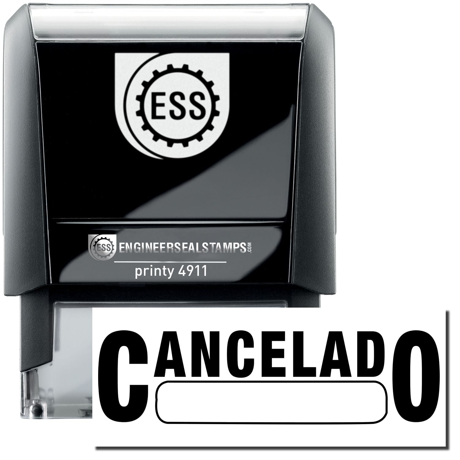 A self-inking stamp with a stamped image showing how the text CANCELADO with a box below the text is displayed after stamping.