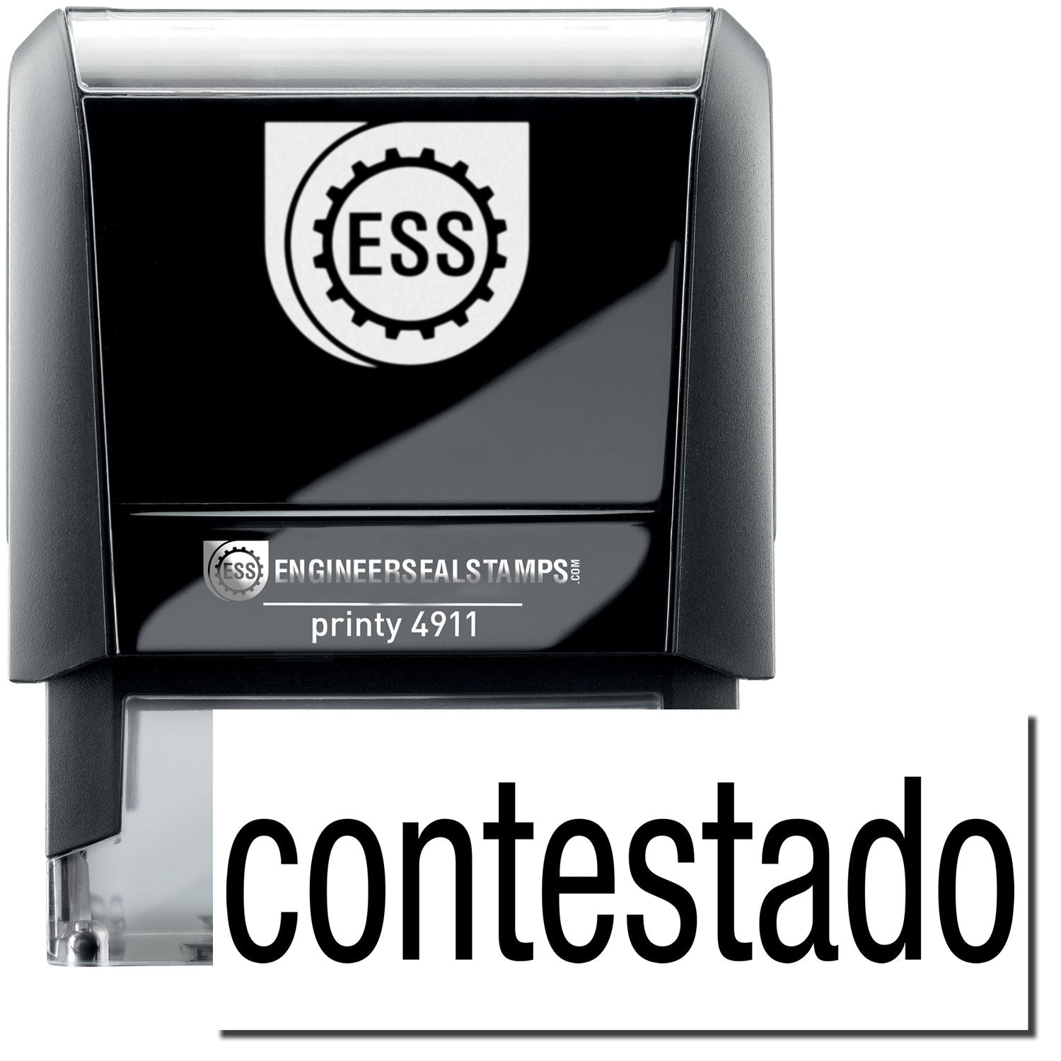 A self-inking stamp with a stamped image showing how the text contestado is displayed after stamping.