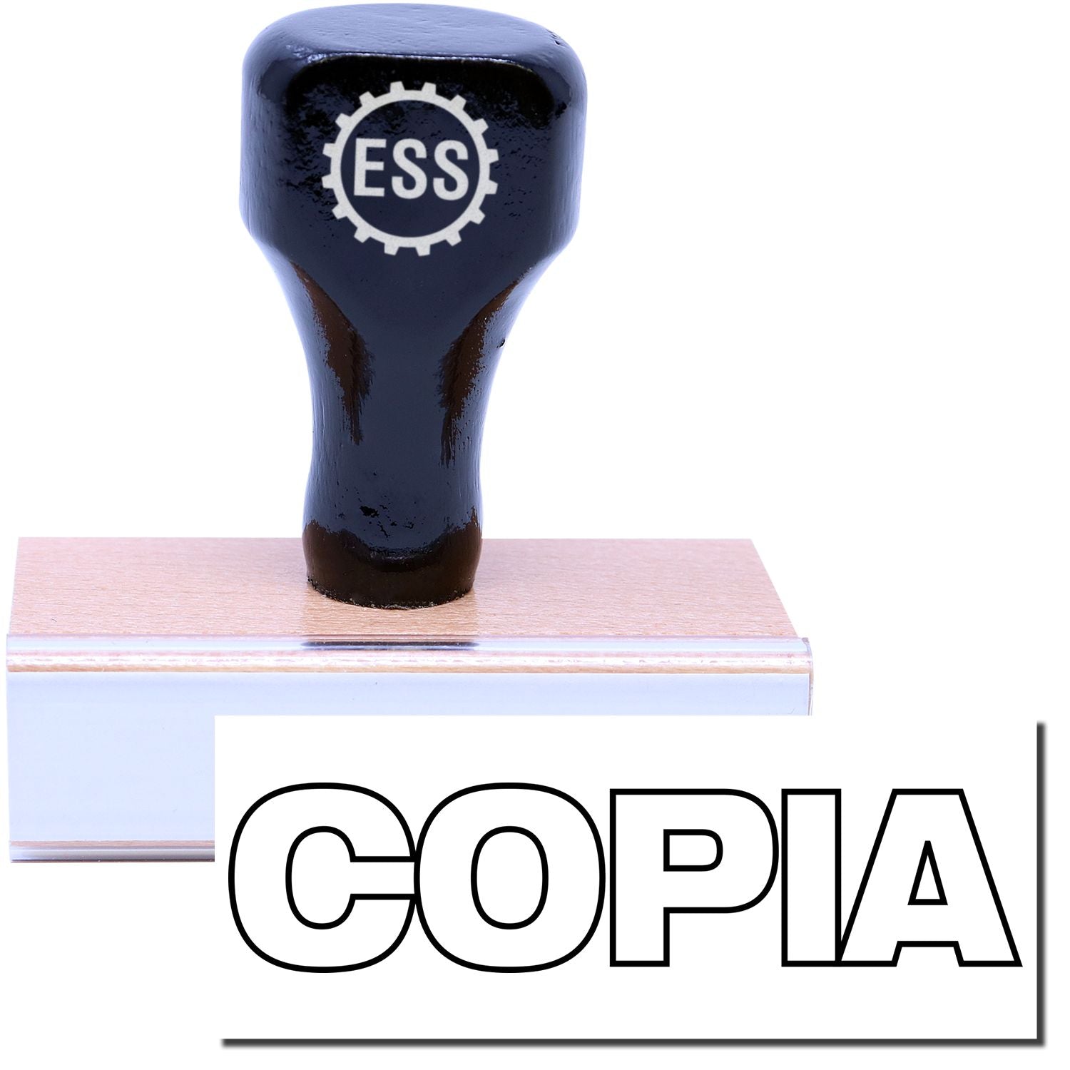 Copia Rubber Stamp with a black handle and wooden base, featuring the ESS logo on the handle. The word COPIA is stamped below.