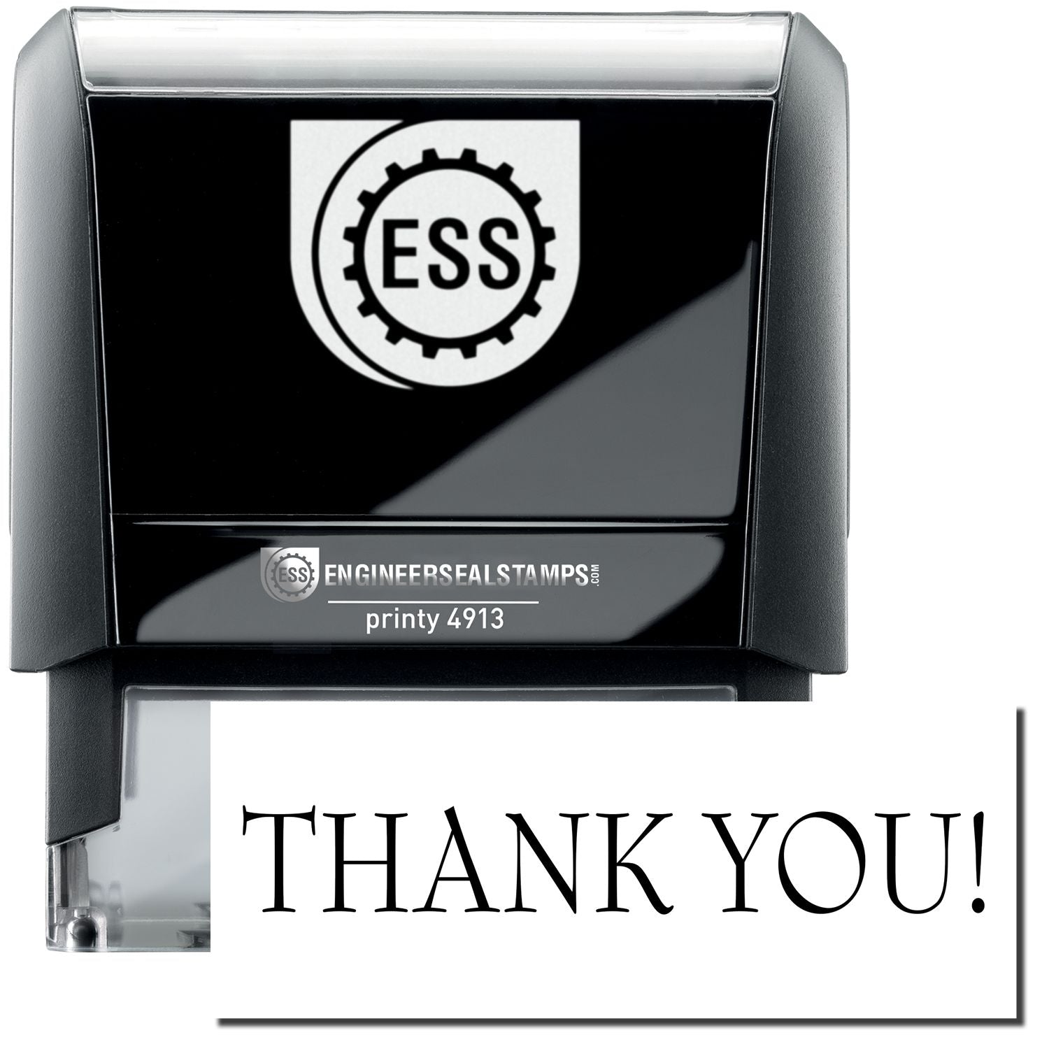 A self-inking stamp with a stamped image showing how the text THANK YOU! in a large font is displayed by it.