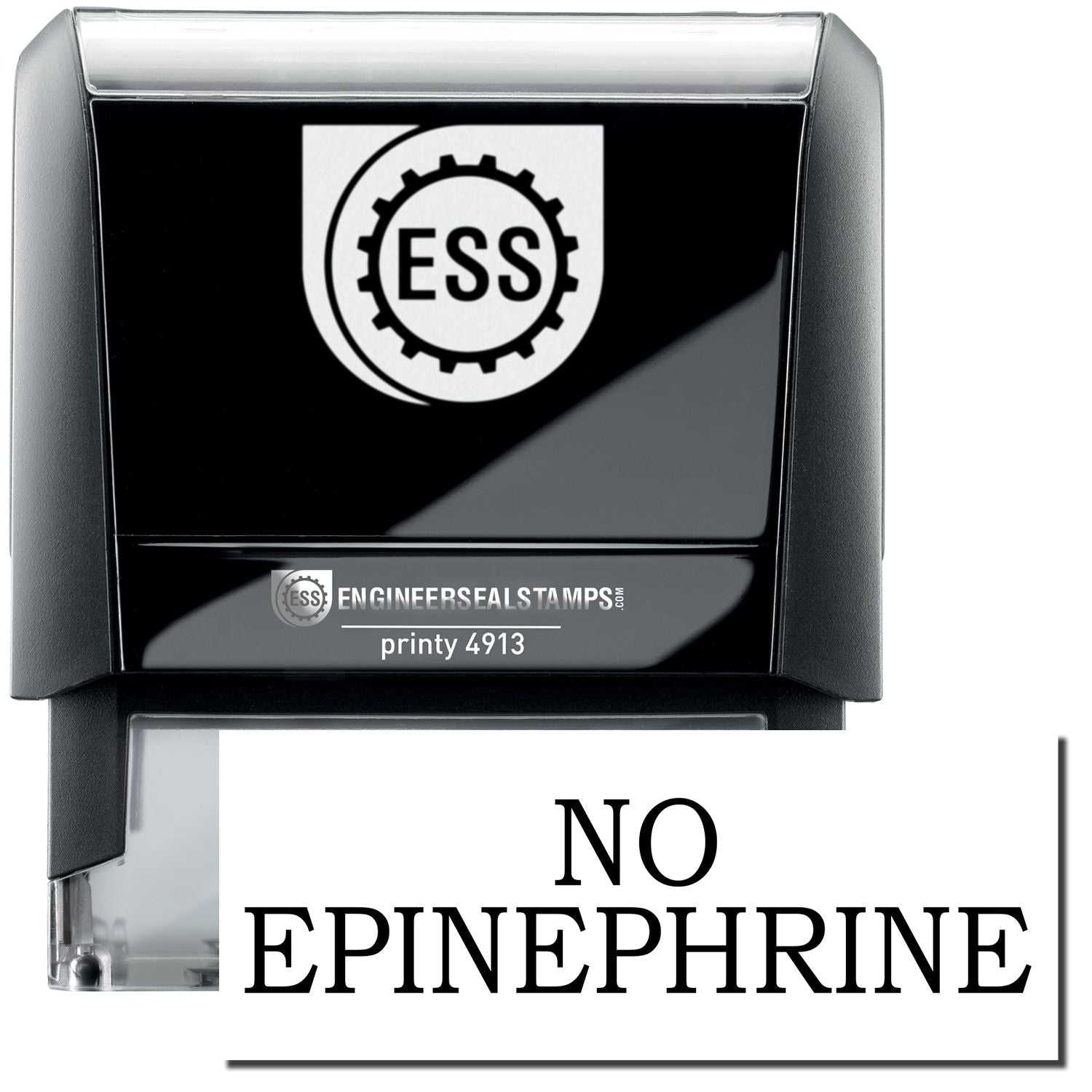 A self-inking stamp with a stamped image showing how the text NO EPINEPHRINE in a large bold font is displayed by it.