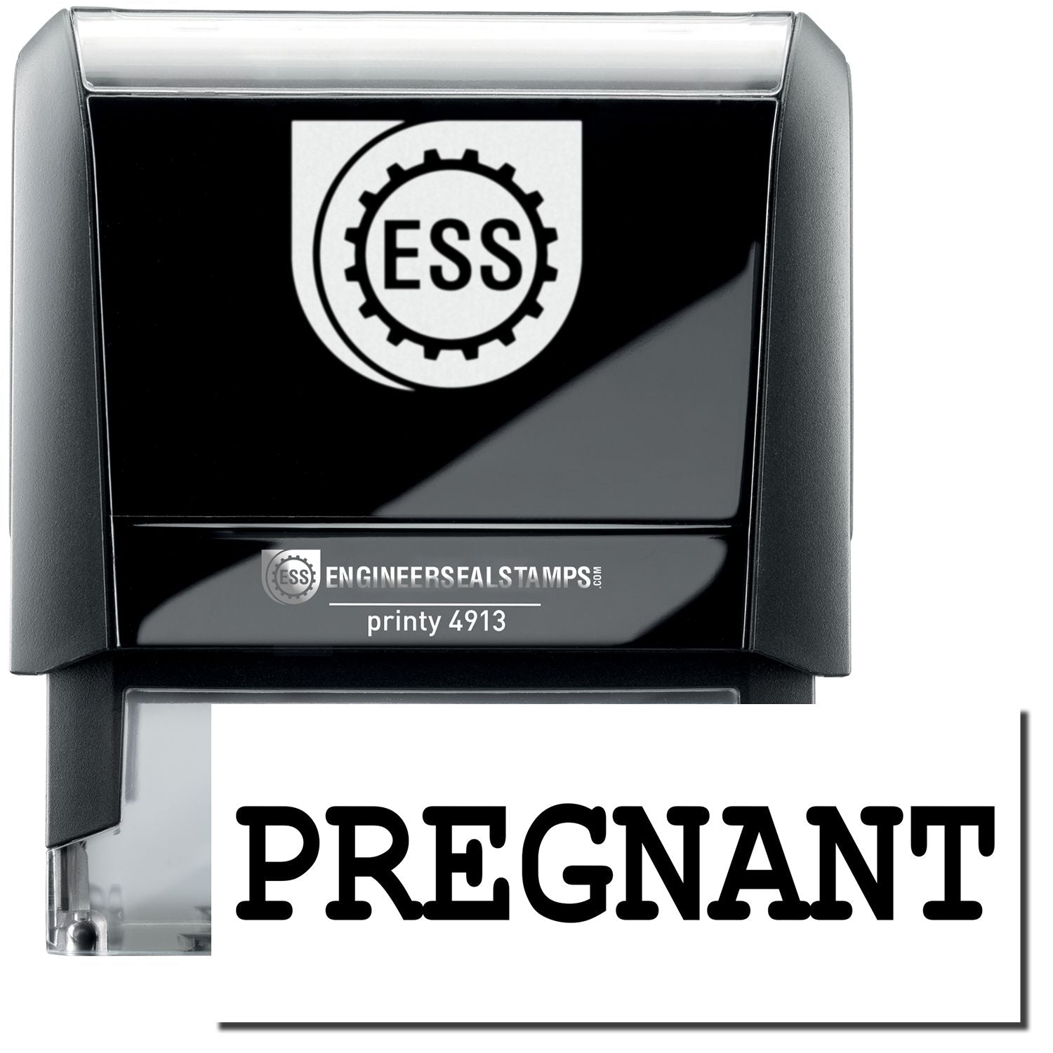 A self-inking stamp with a stamped image showing how the text PREGNANT in a large bold font is displayed by it.