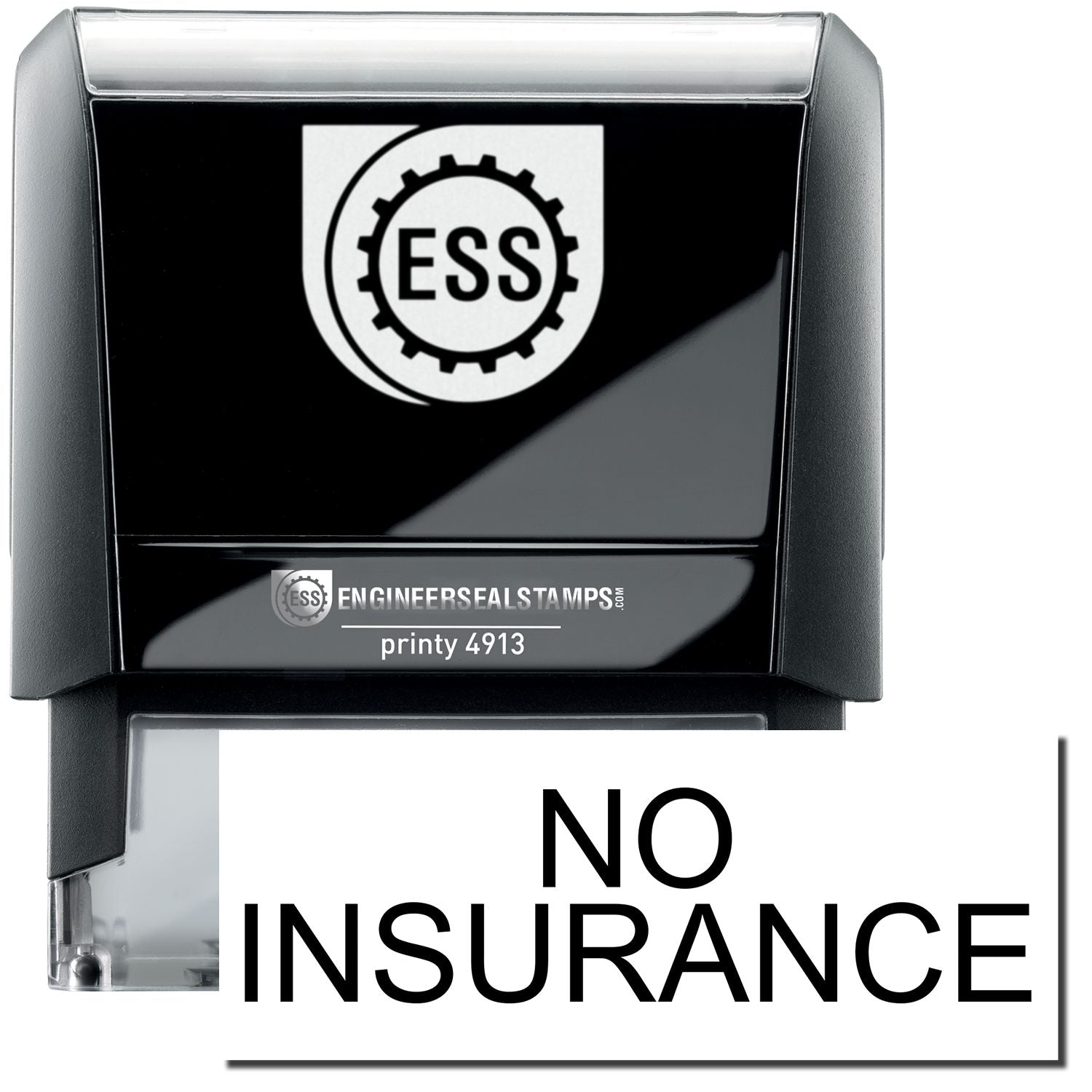 A self-inking stamp with a stamped image showing how the text NO INSURANCE in a large bold font is displayed by it.