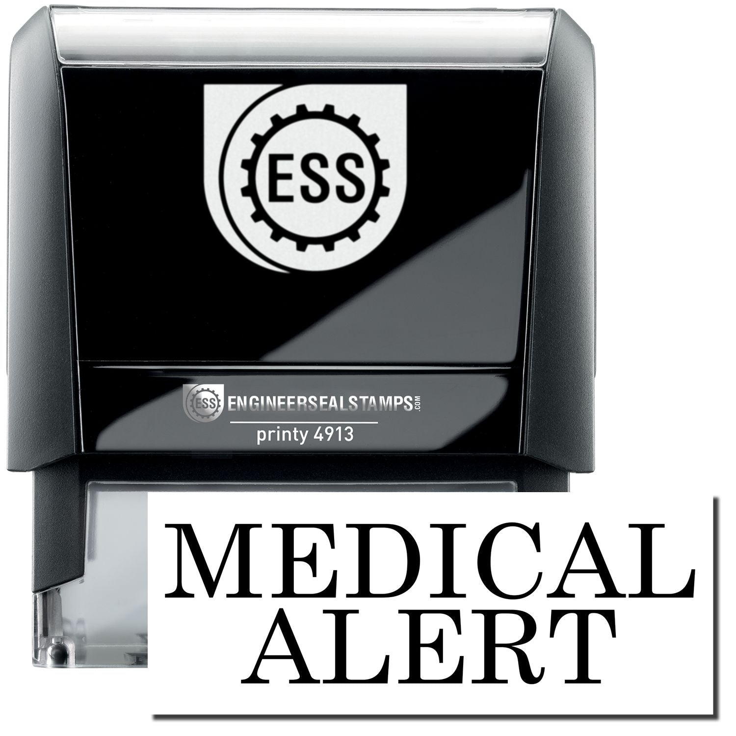 A self-inking stamp with a stamped image showing how the text MEDICAL ALERT in a large bold font is displayed by it.