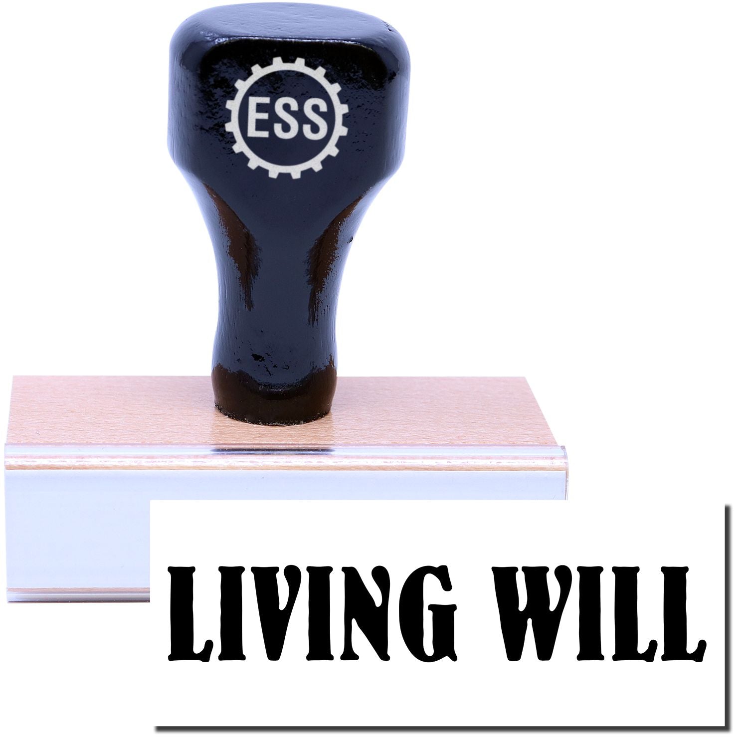 A stock office rubber stamp with a stamped image showing how the text LIVING WILL in a large font is displayed after stamping.