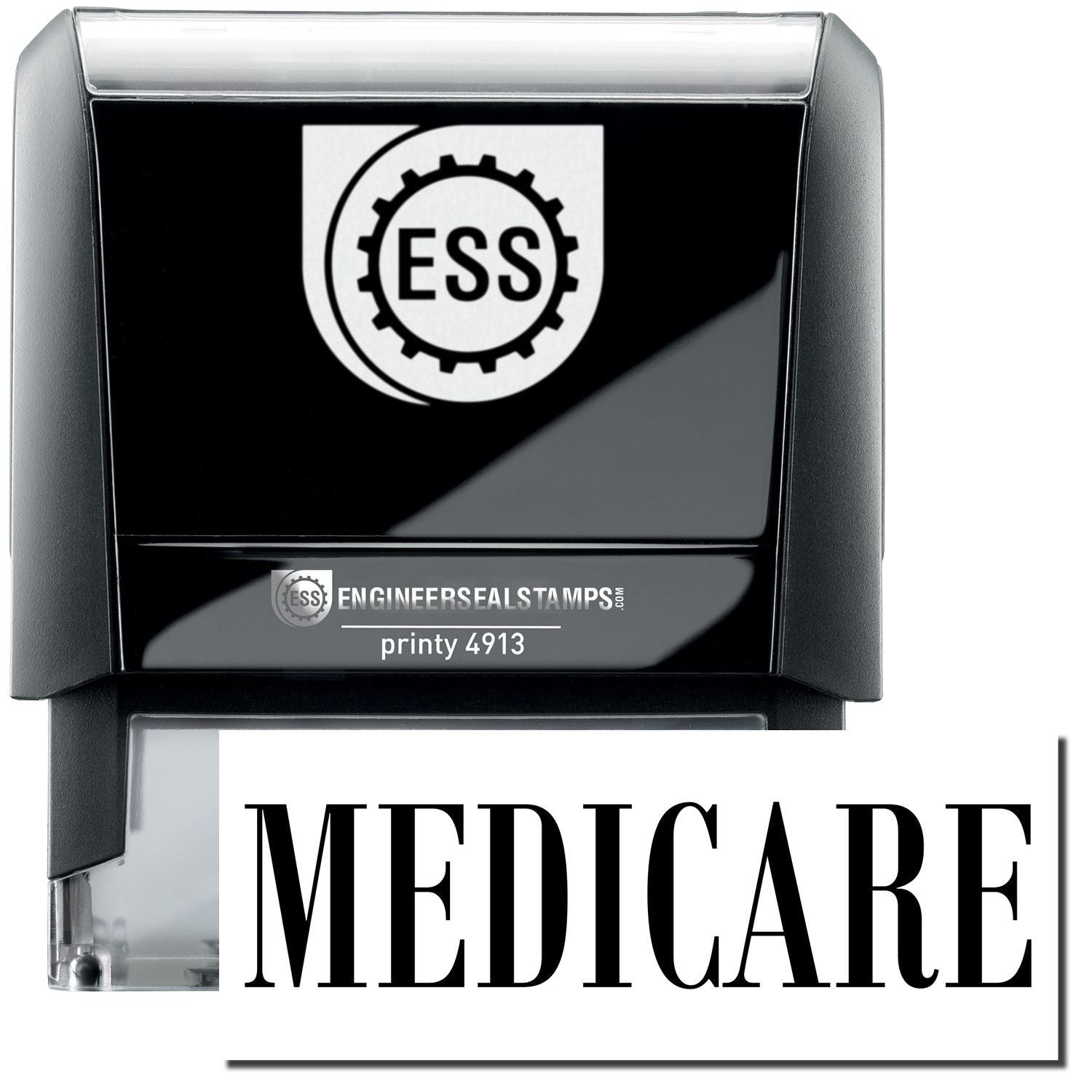 A self-inking stamp with a stamped image showing how the text MEDICARE in a large bold font is displayed by it.