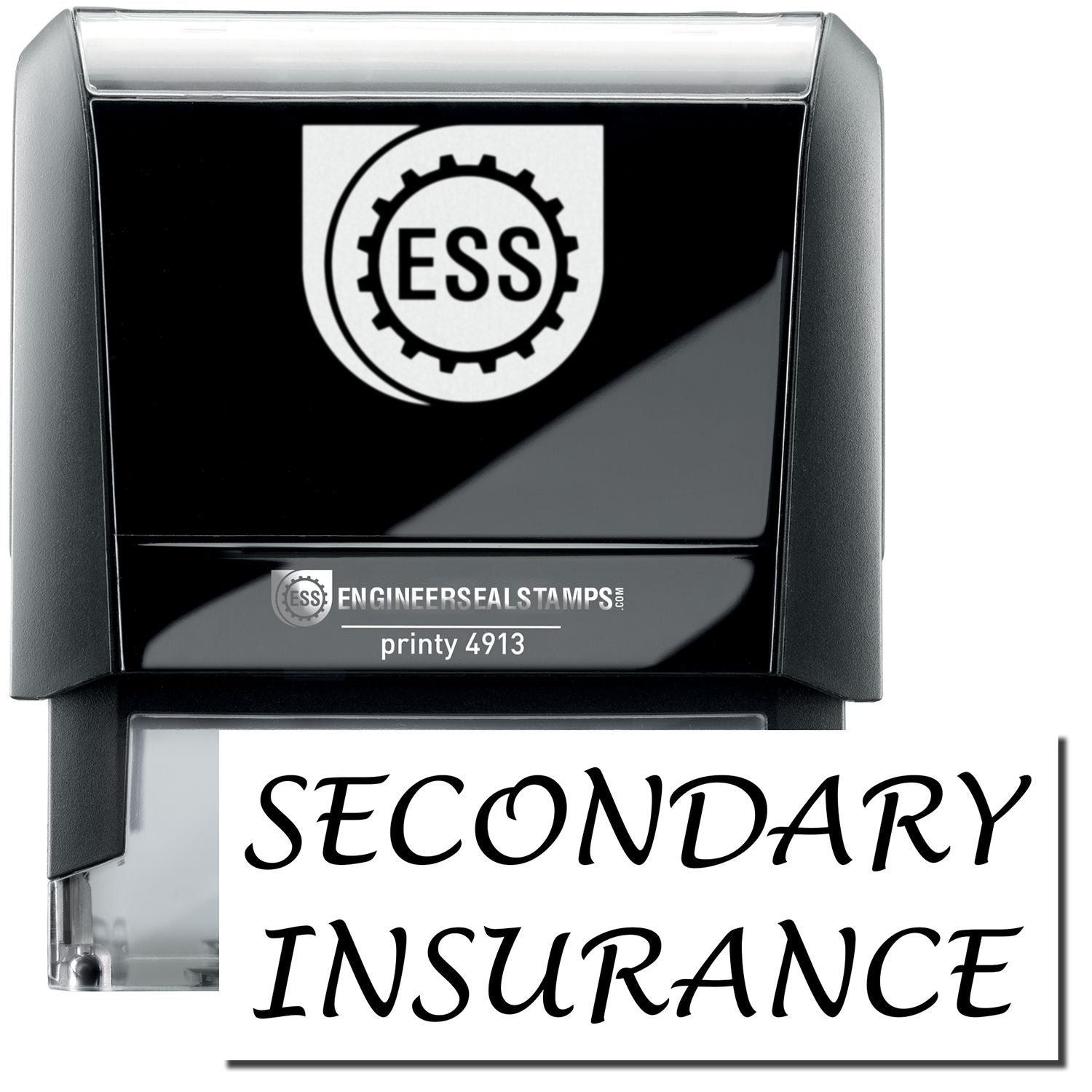 A self-inking stamp with a stamped image showing how the text SECONDARY INSURANCE in a large font is displayed by it.