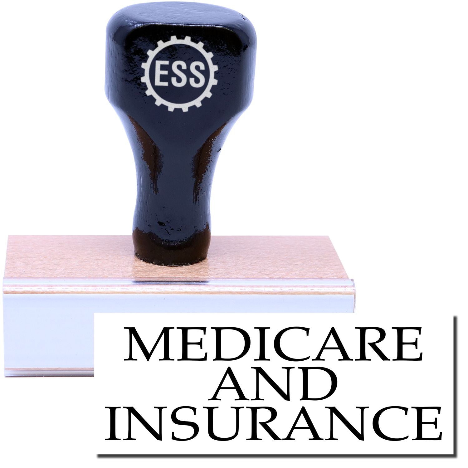 A stock office rubber stamp with a stamped image showing how the text MEDICARE AND INSURANCE in a large font is displayed after stamping.