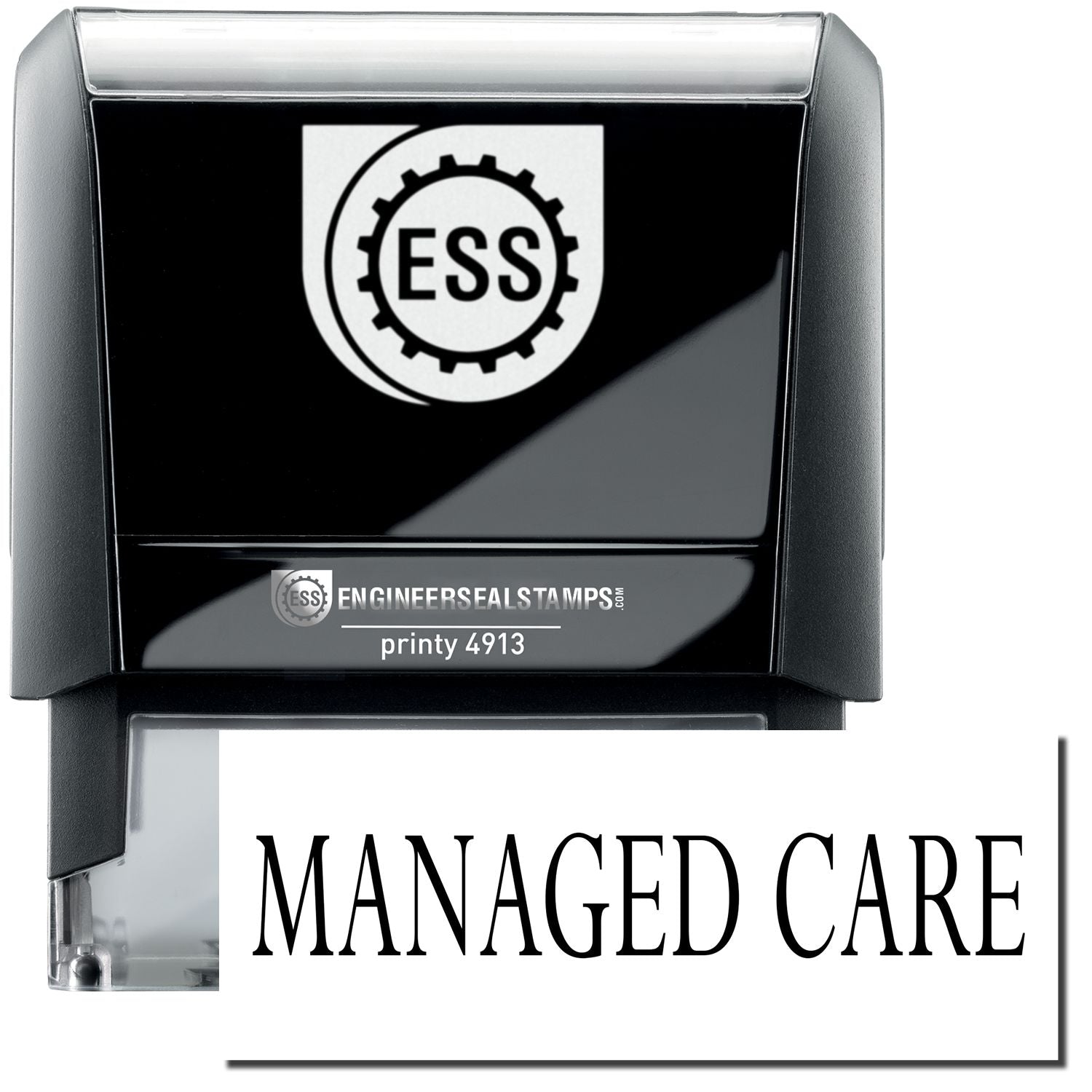 A self-inking stamp with a stamped image showing how the text MANAGED CARE in a large font is displayed by it.