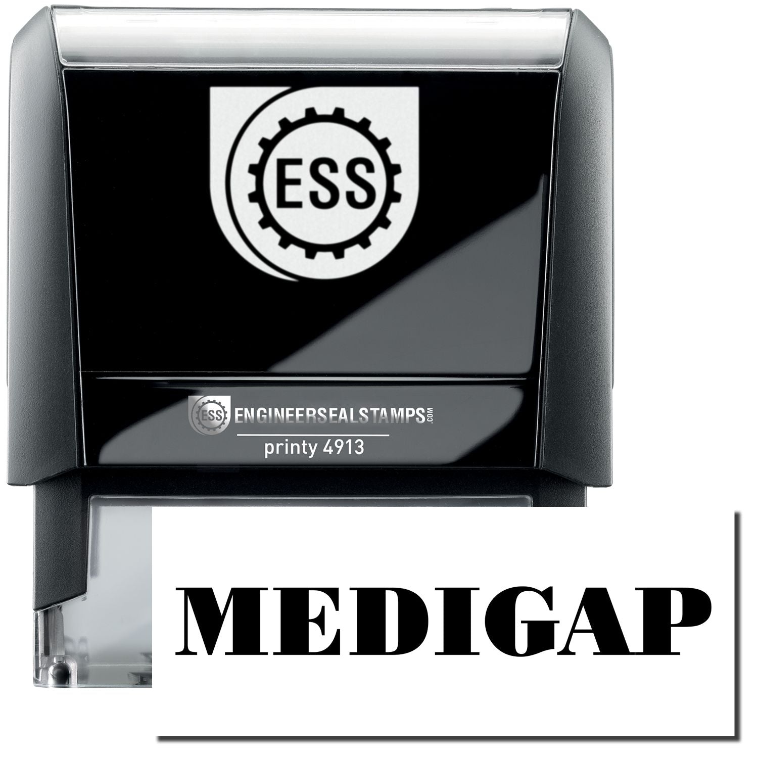 A self-inking stamp with a stamped image showing how the text MEDIGAP in a large bold font is displayed by it.