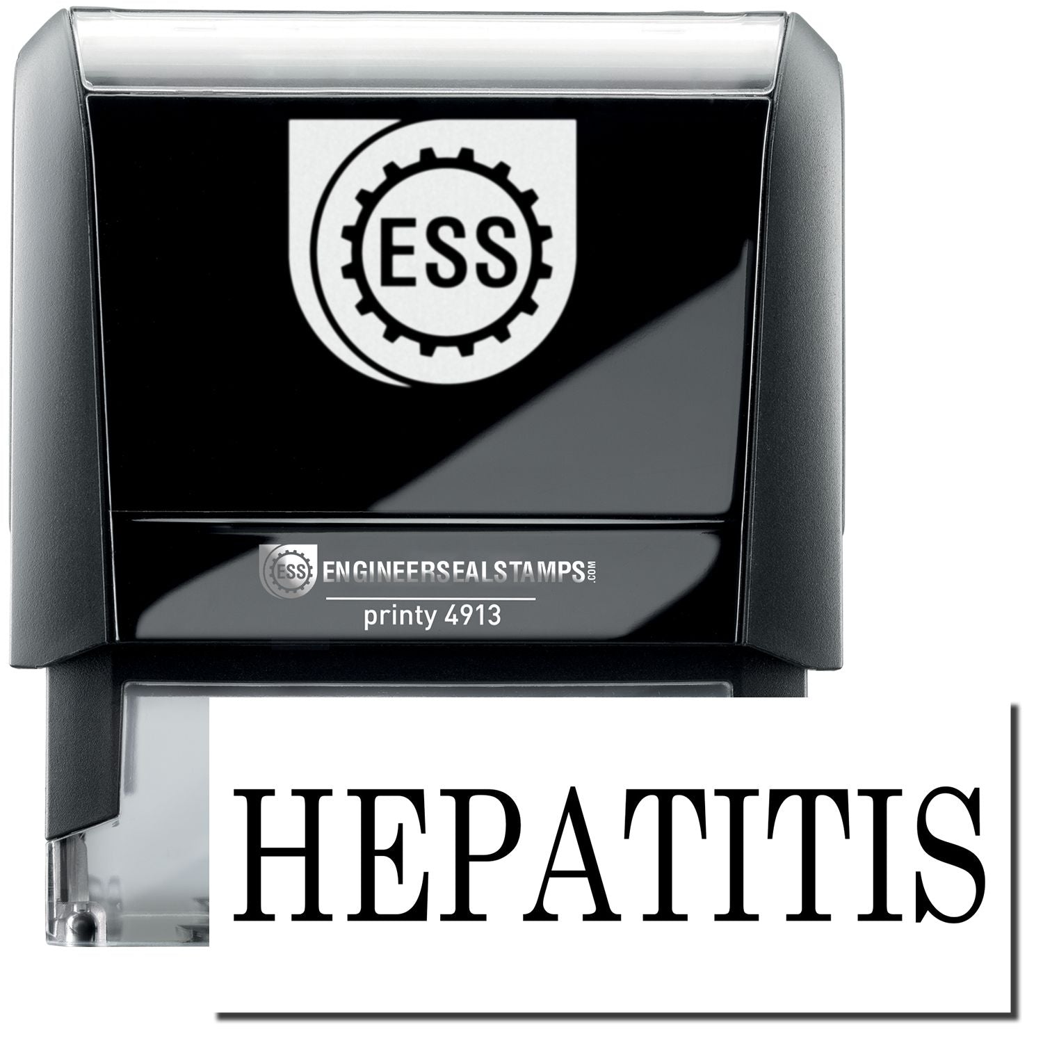 A self-inking stamp with a stamped image showing how the text HEPATITIS in a large bold font is displayed by it.